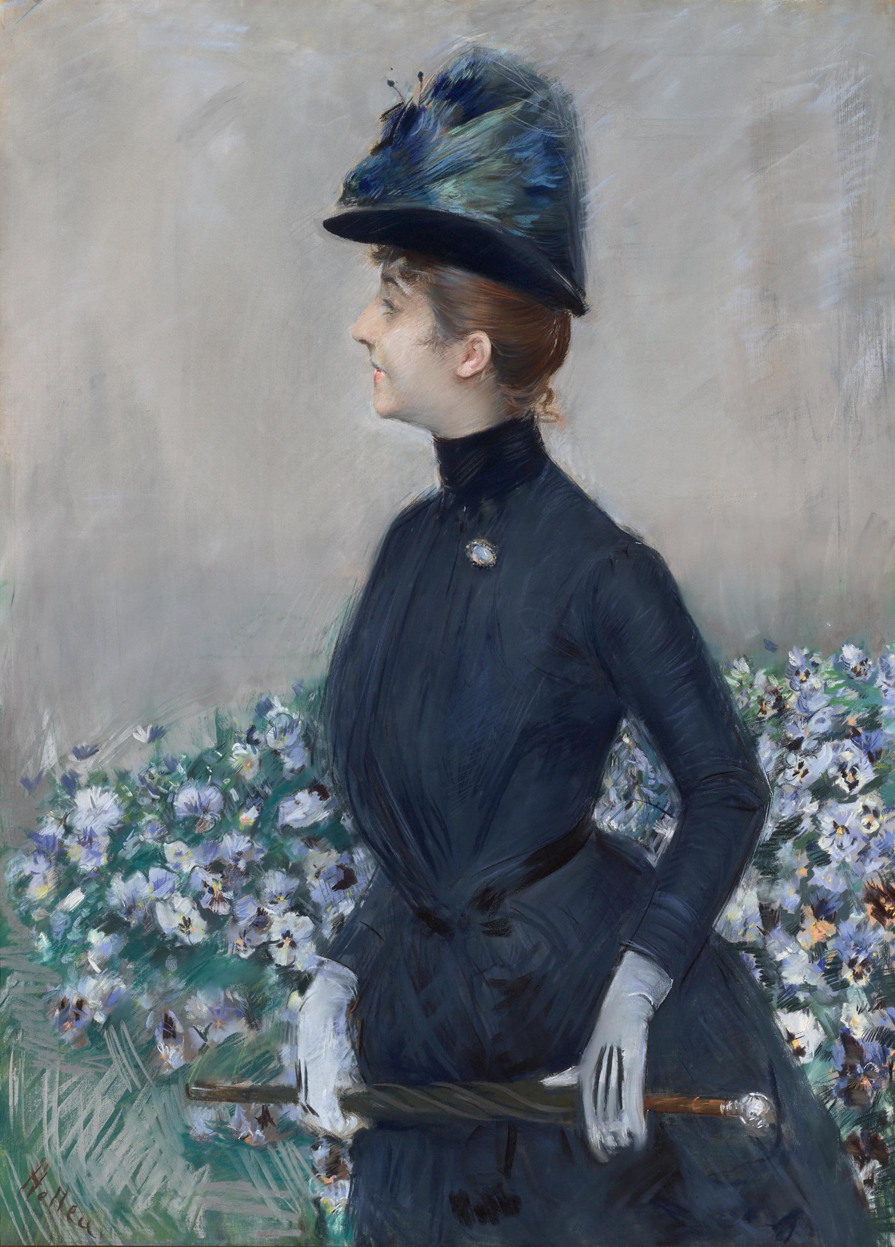 Paul César Helleu Portrait Painting – La femme aux fleurs (Portrait de Mathilde See)