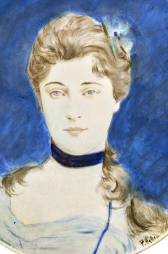 Large circular dish decorated by Paul Helleu with a portrait of his future wife