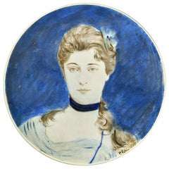 Large circular dish decorated by Paul Helleu with a portrait of his future wife 