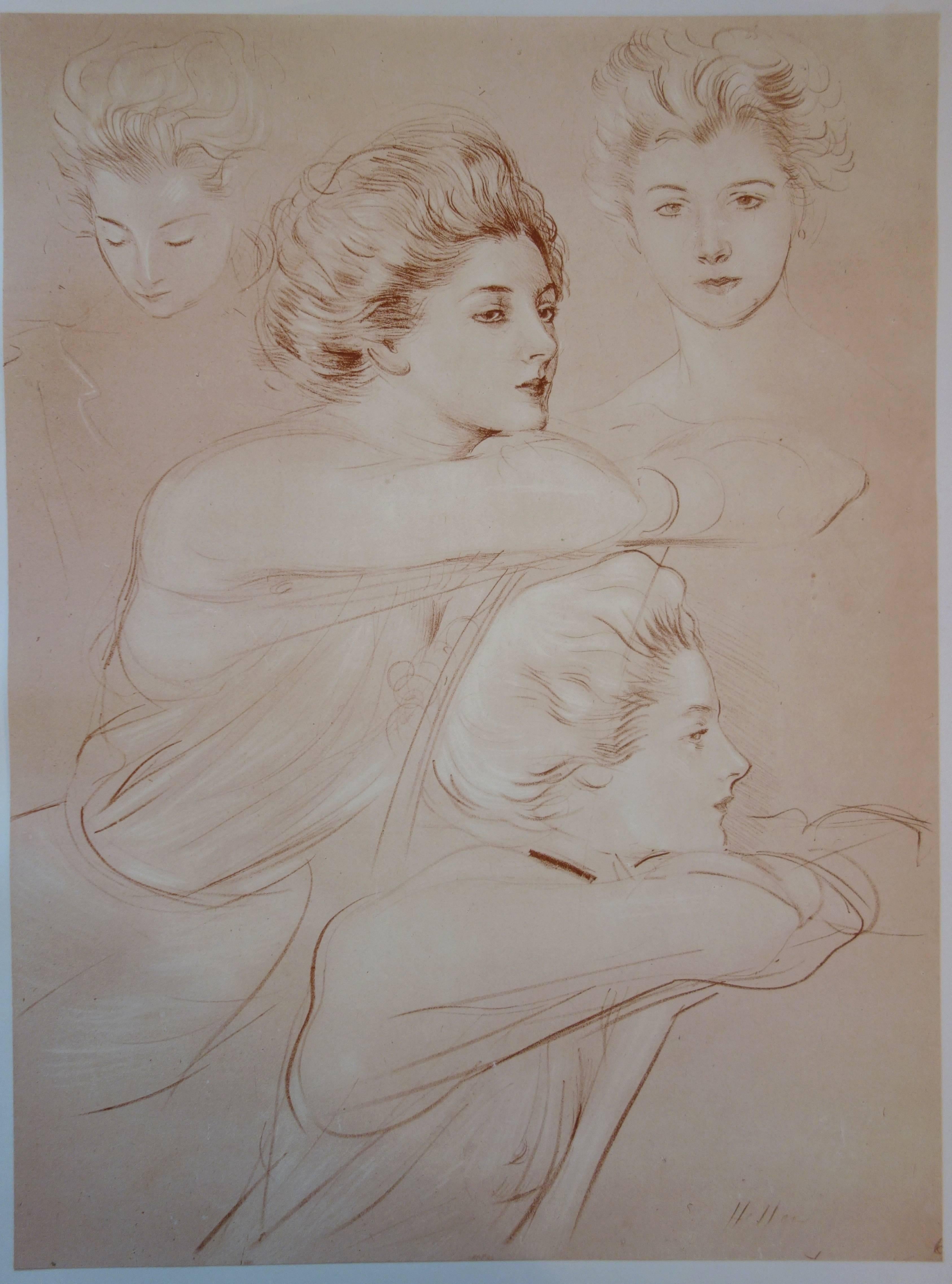 Classical Studies of a Lady - Original lithograph - Printed signature, 1897 - Beige Portrait Print by Paul César Helleu
