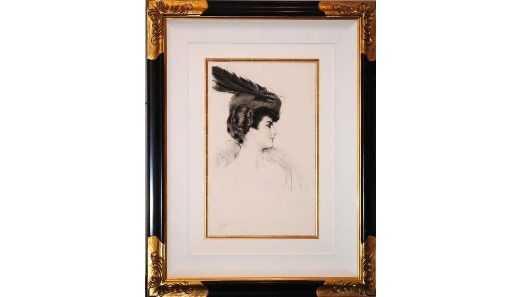 „Dame a la Toque“, fabelhafte Kaltnadelradierung von Paul Cesar Helleu – Print von Paul César Helleu