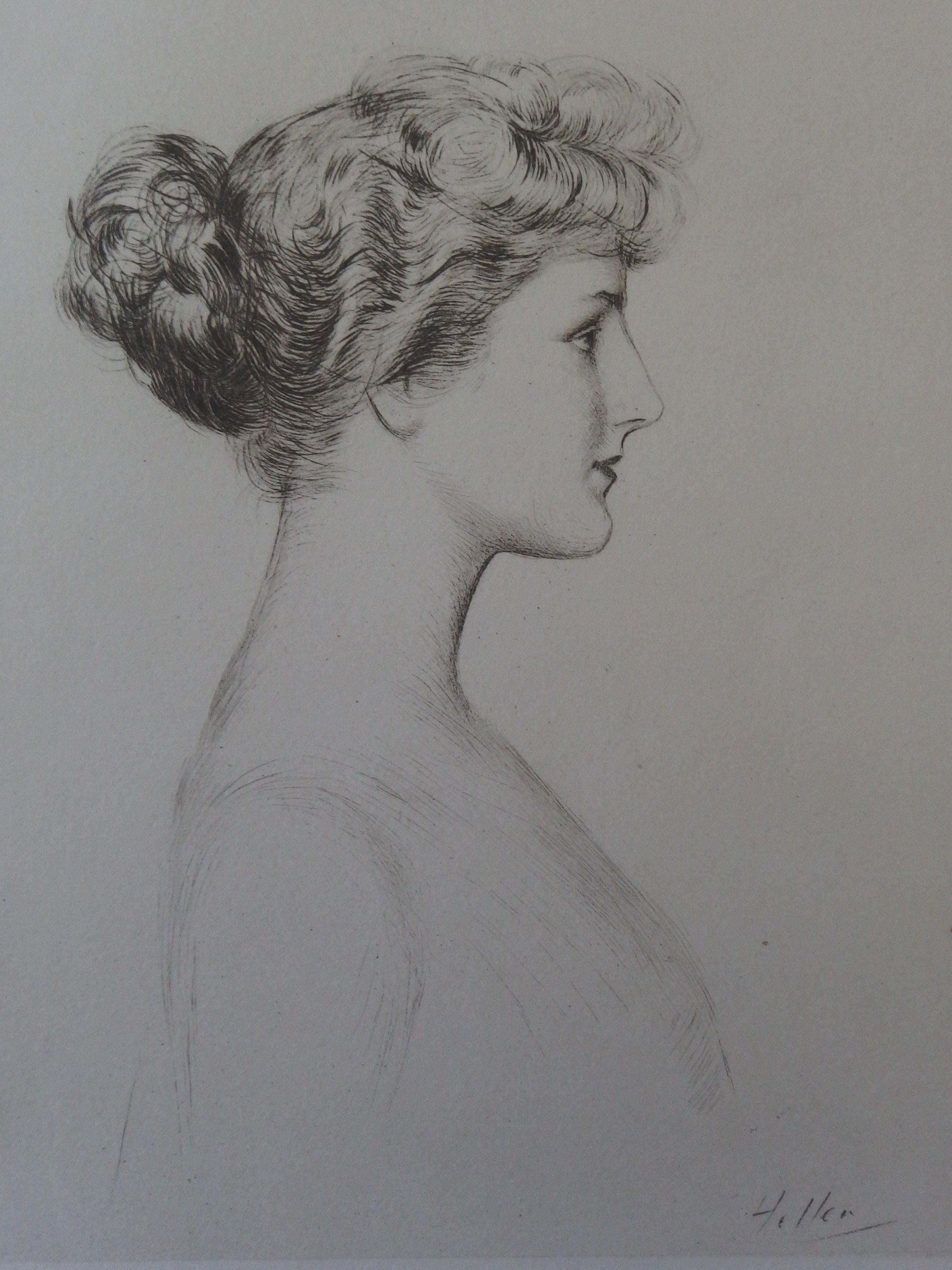 Portrait Print de Paul César Helleu - Perfil de mujer elegante - Grabado original, Firma impresa