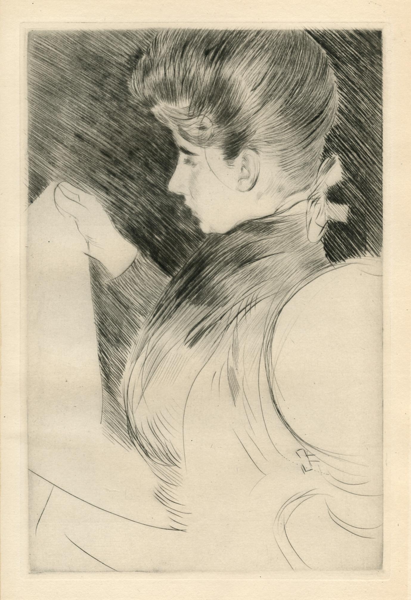 Paul César Helleu Portrait Print - "Femme lisant -- de profil" original drypoint