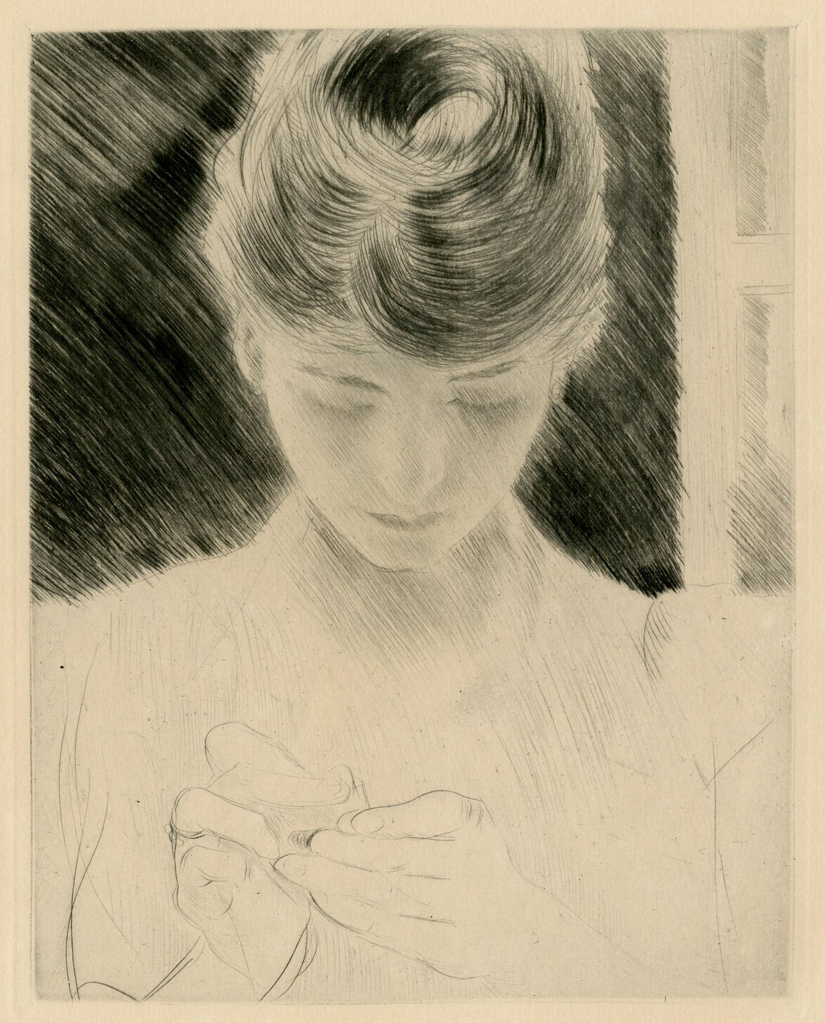 Jeune Femme Cousant ; Madame Helleu  (Femme montante, épouse d'artiste) - Print de Paul César Helleu