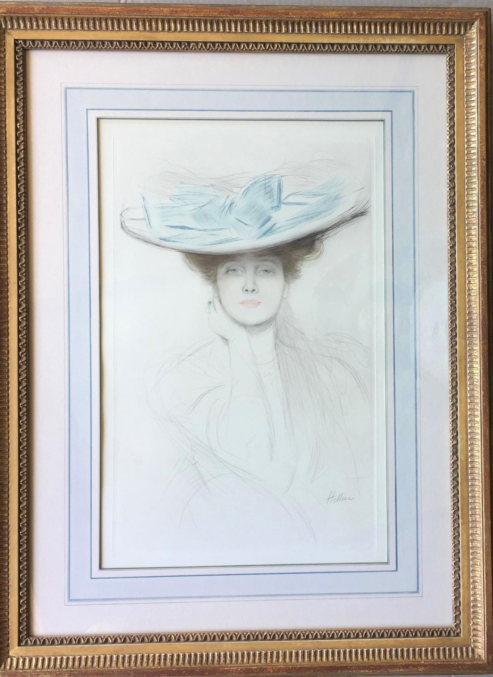 Paul César Helleu Portrait Print - Le Noeud Bleu (The Hat with the Blue Bow).