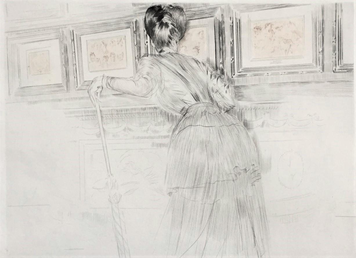Madame Helleu Blickt auf Watteau-Zeichnungen im Louvre.. – Print von Paul César Helleu