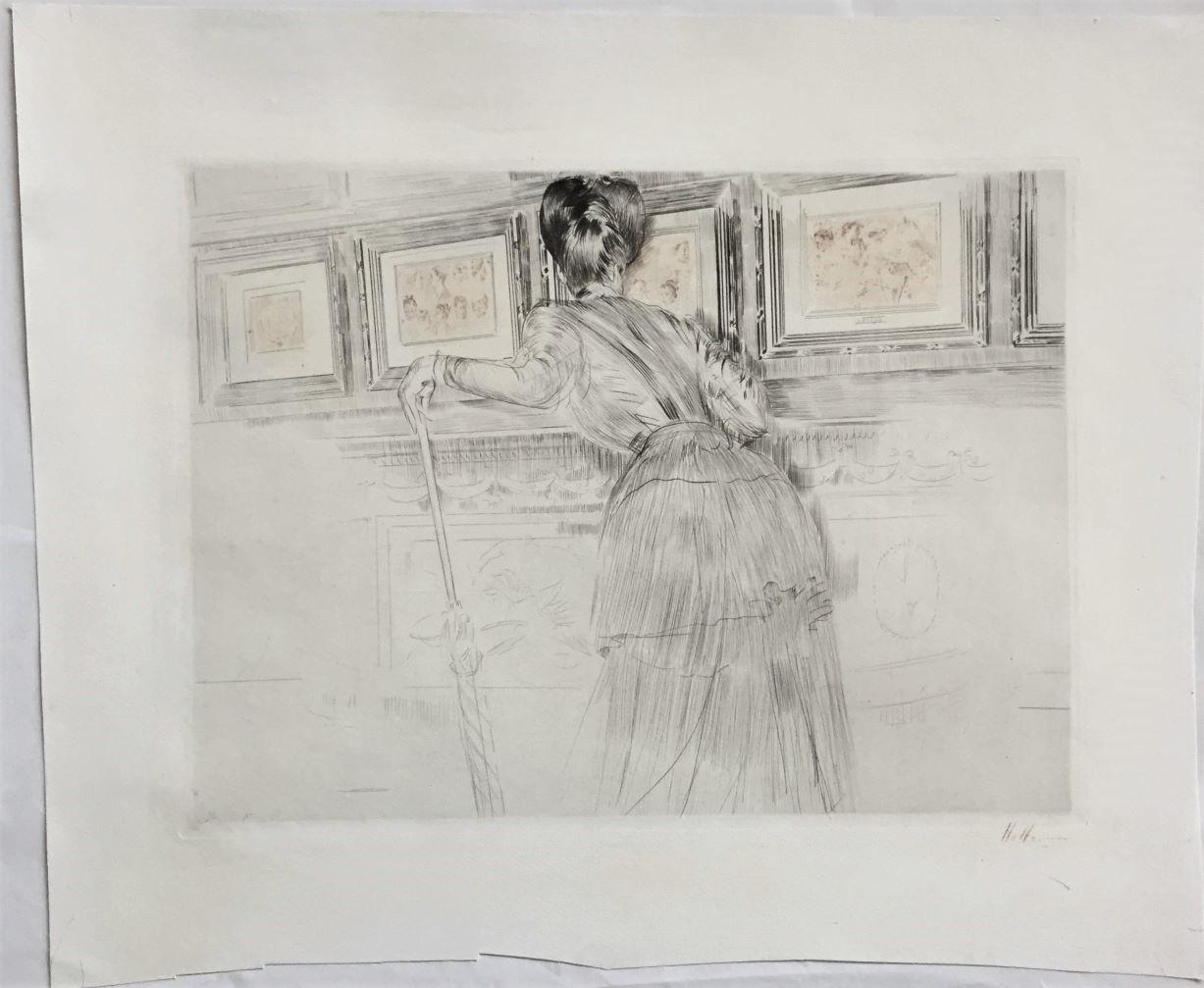 Madame Helleu regardant les dessins de Watteau au Louvre... - Impressionnisme Print par Paul César Helleu