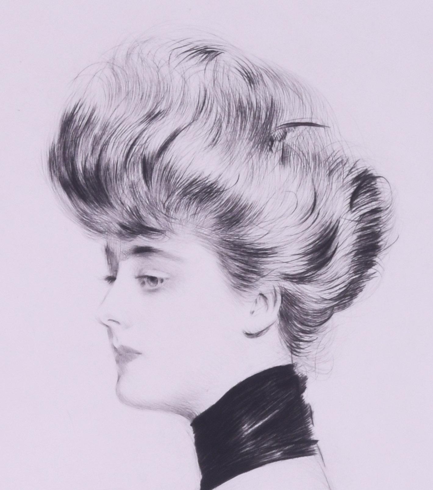 Portrait de Frau en Buste, de profil a gauche, un tres large ruban noir du cou – Print von Paul César Helleu