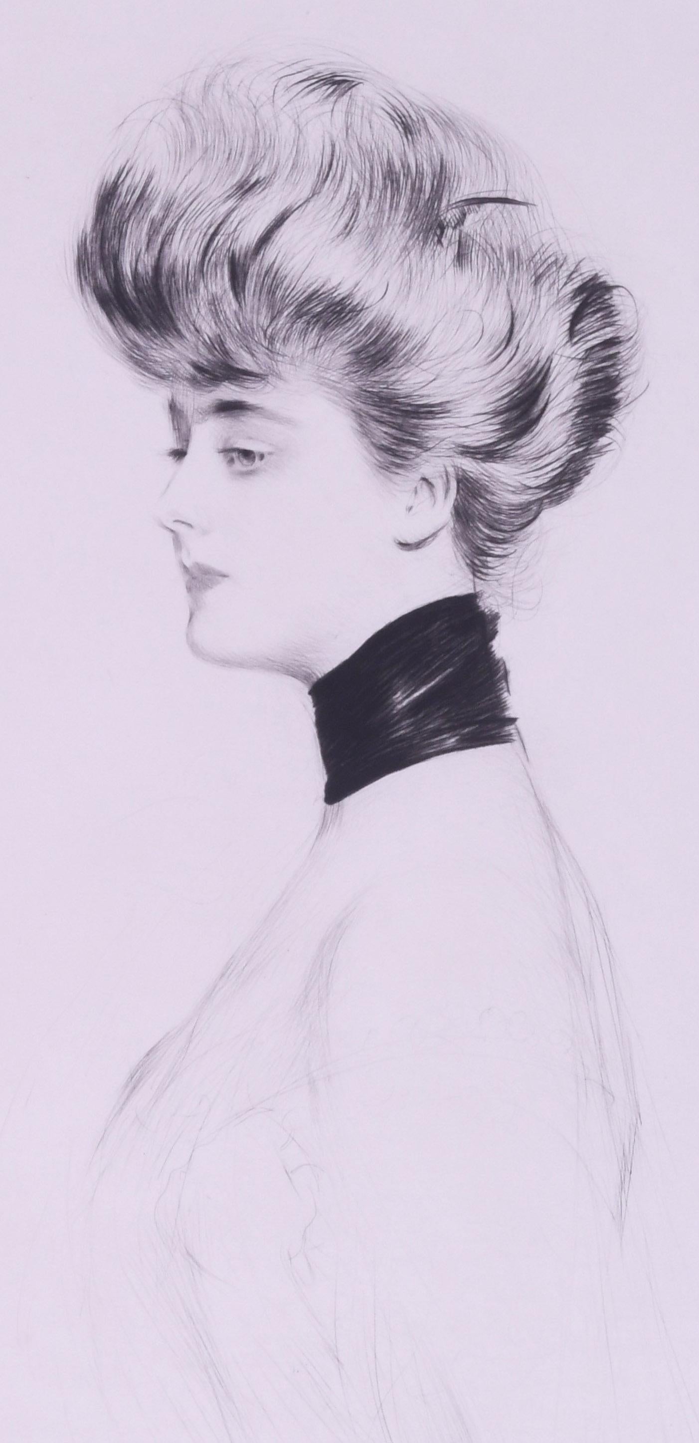 Portrait de femme en buste, de profil a gauche, un tres large ruban noir du cou - Impressionist Print by Paul César Helleu