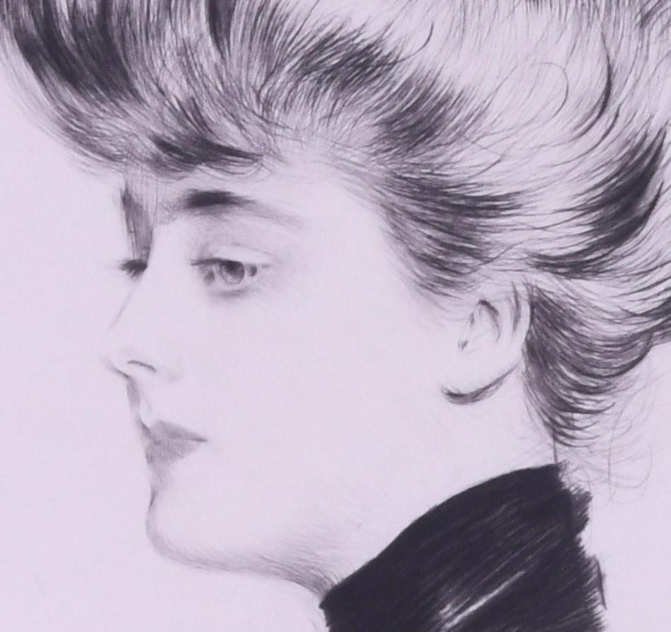 Portrait de femme en buste, de profil a gauche, un tres large ruban noir du cou, Mme Marthe Letellier
Pointe sèche, 1900-1901
Signé au crayon en bas à gauche (voir photo)
Titré au crayon en bas au centre au crayon (voir photo)
Très petite