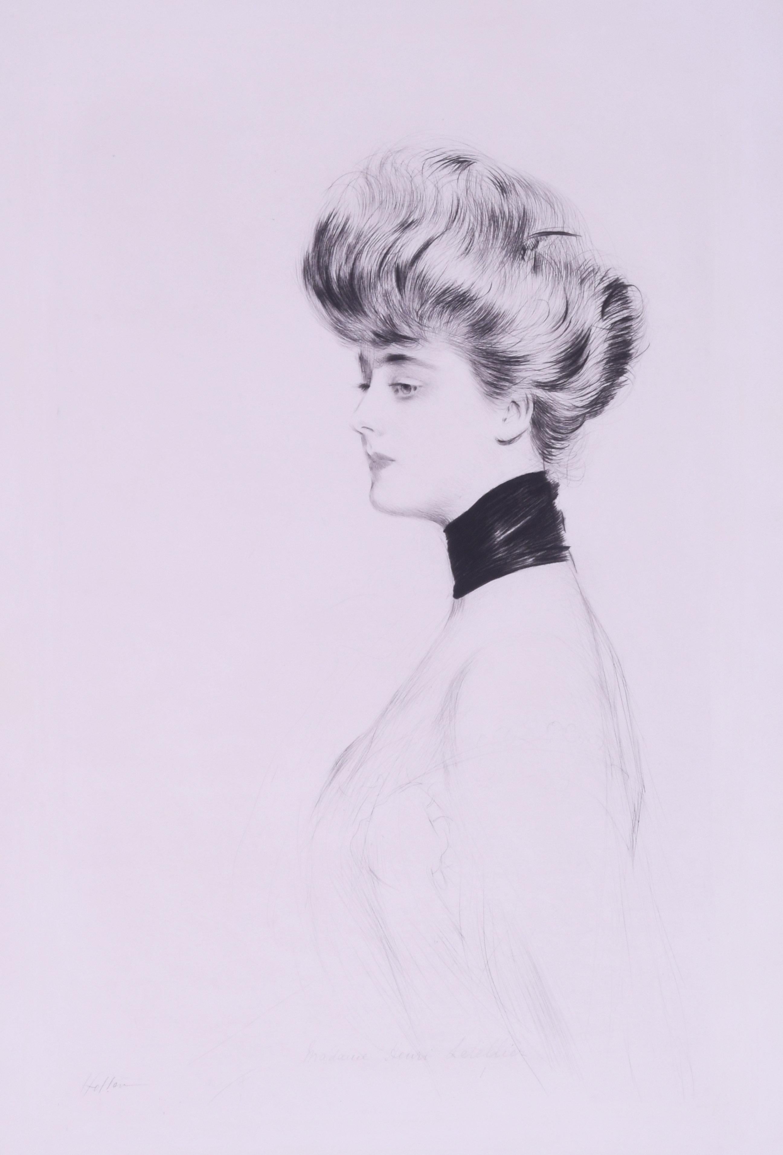 Paul César Helleu Figurative Print - Portrait de femme en buste, de profil a gauche, un tres large ruban noir du cou