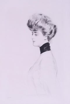 Ritratto di donna in busto, con profilo a sinistra, un grande rubino nero sul collo.
