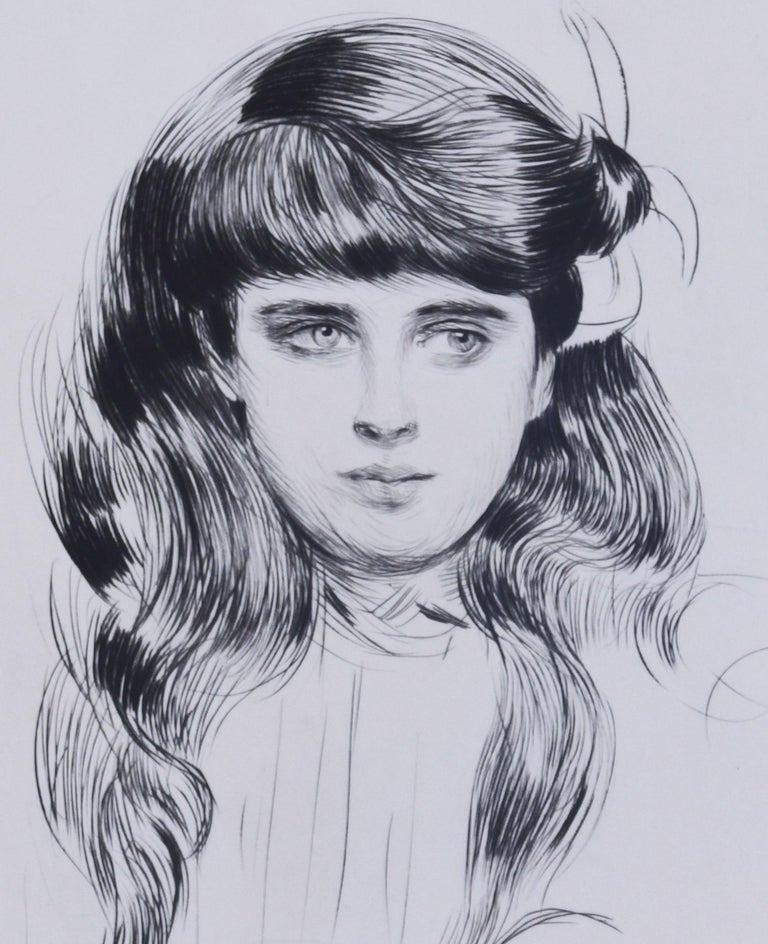 Portrait de petite fille, en buste, cheveux sur les epaules (Ellen 14 ans)   - Gray Figurative Print by Paul César Helleu