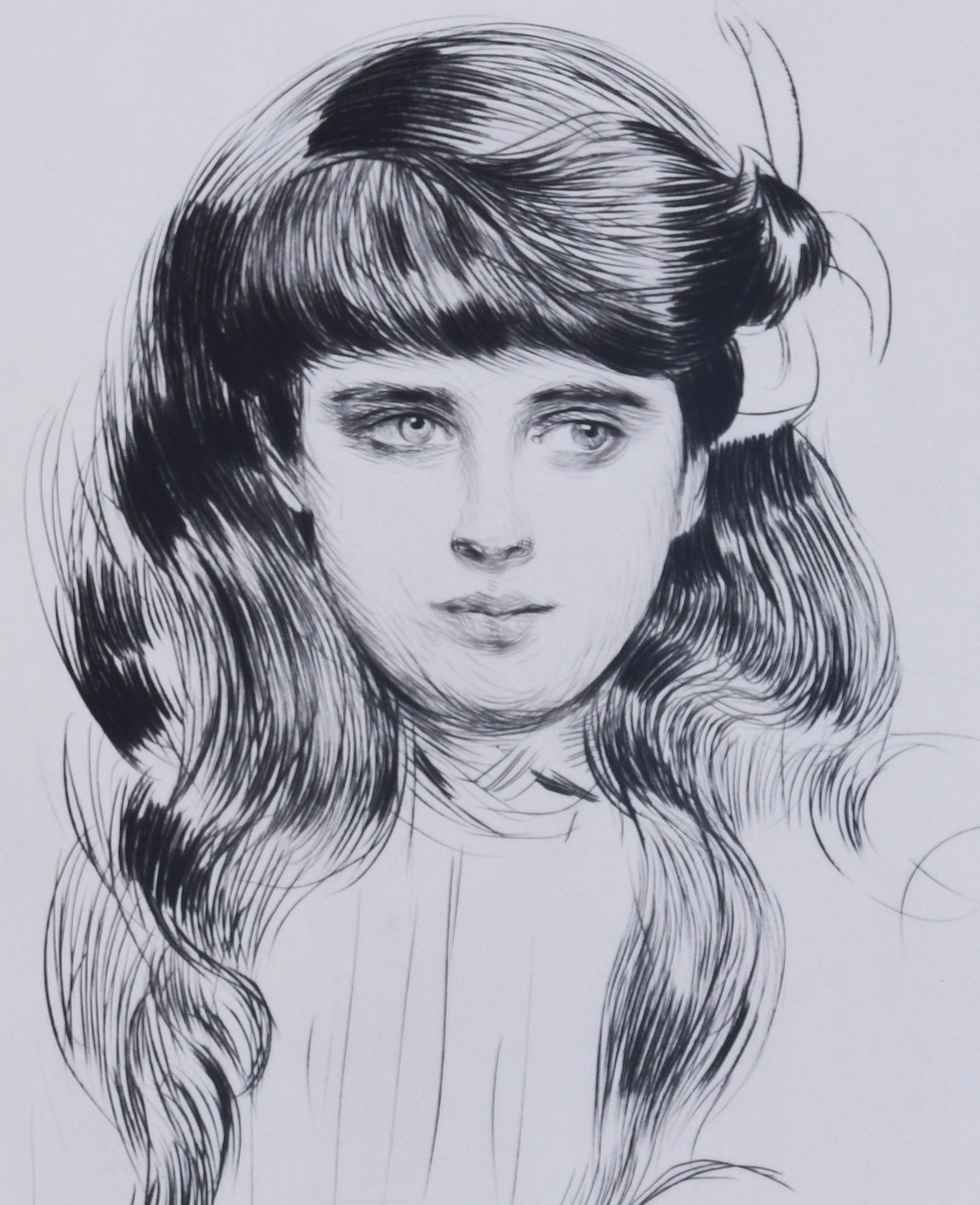 Portrait de petite fille, en buste, cheveux sur les epaules (Ellen 14 ans) - Gray Figurative Print by Paul César Helleu