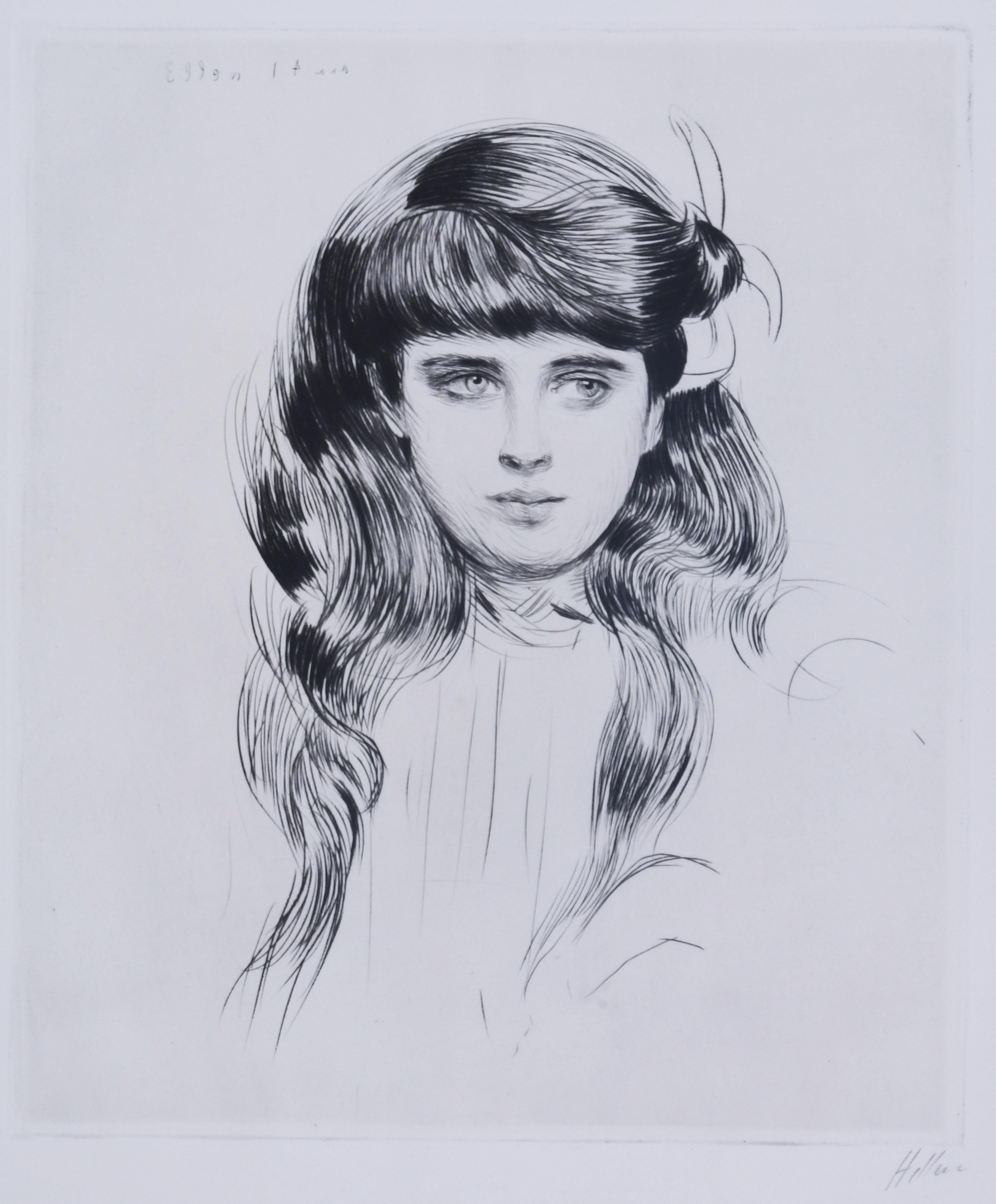 Paul César Helleu Figurative Print - Portrait de petite fille, en buste, cheveux sur les epaules (Ellen 14 ans)  