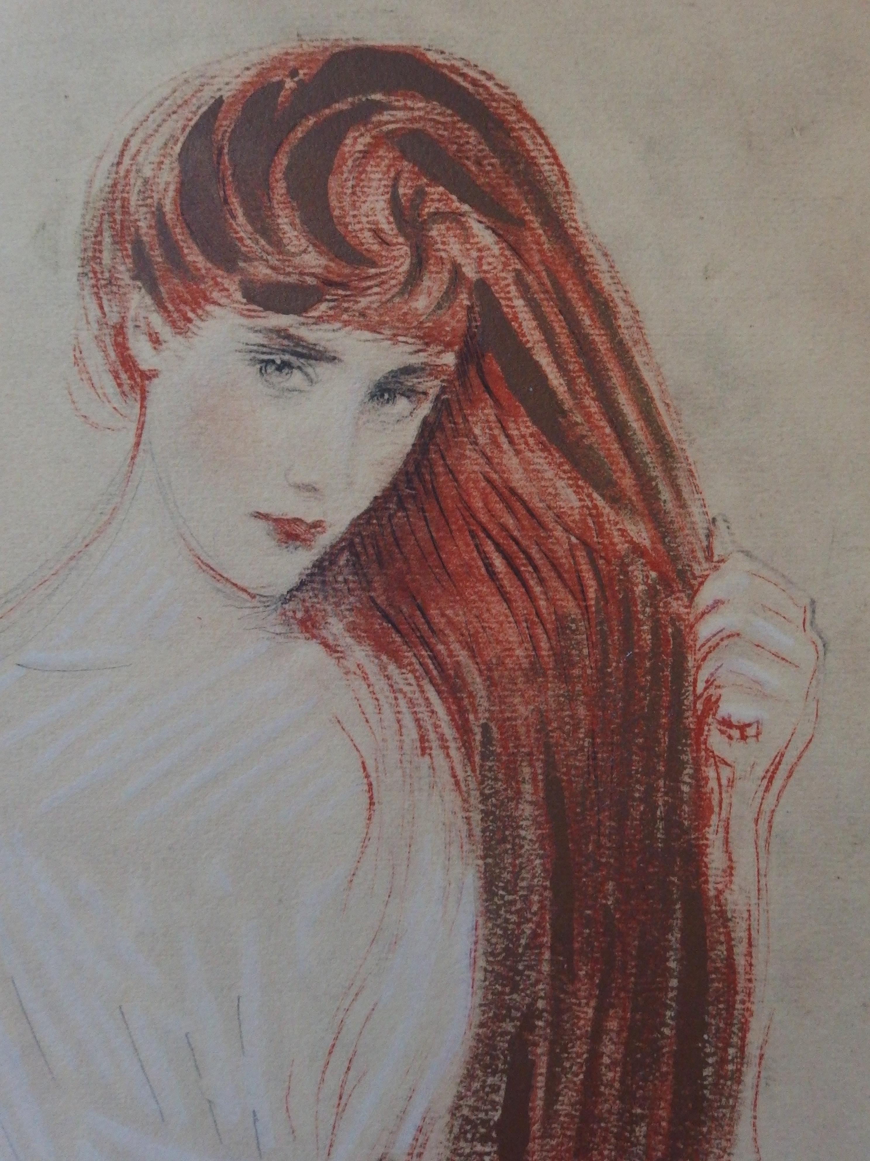 Shy Red Hair Woman - Lithograph - Art Nouveau Print by Paul César Helleu
