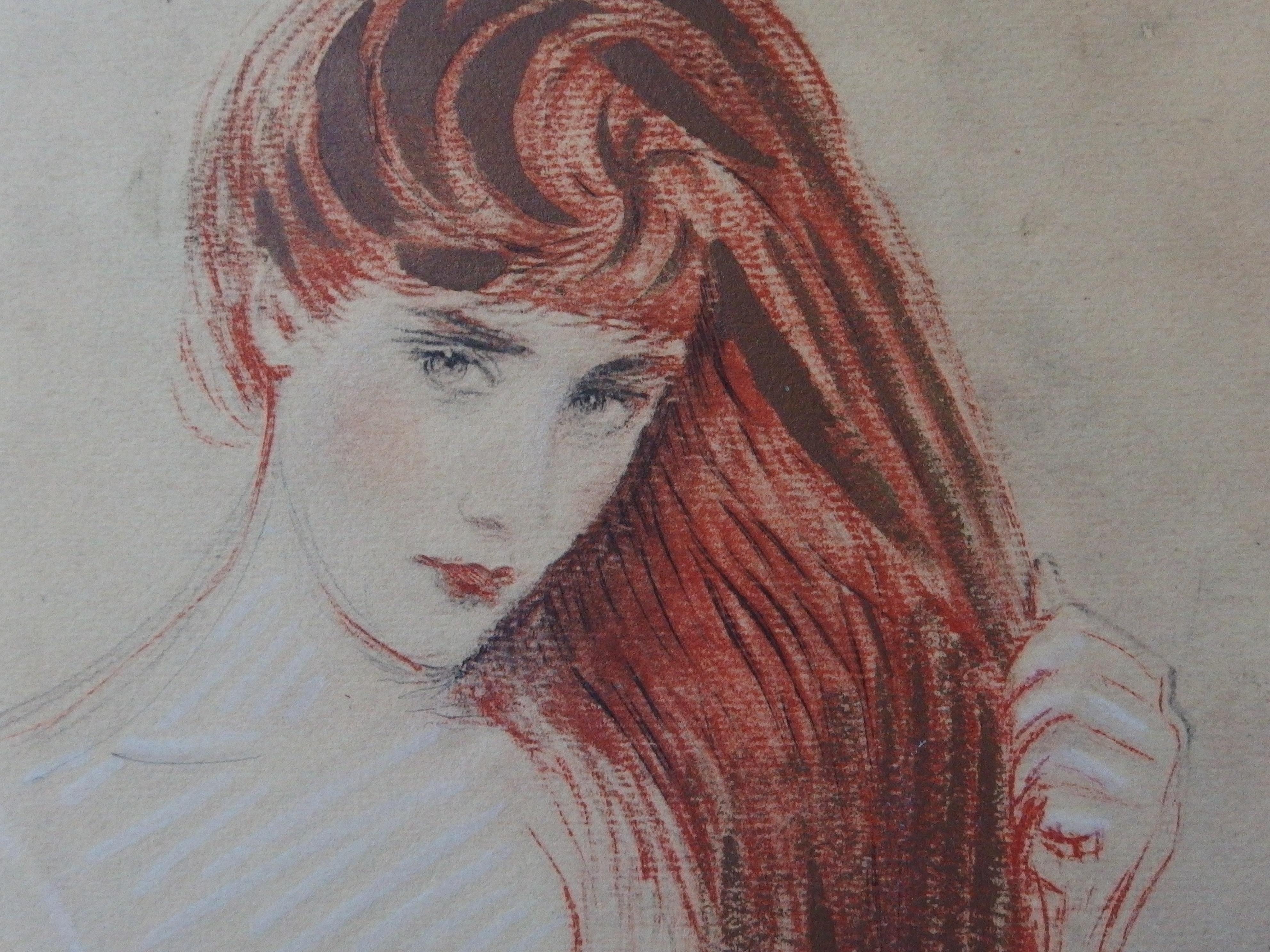 Shy Red Hair Woman - Lithographie (Grau), Portrait Print, von Paul César Helleu