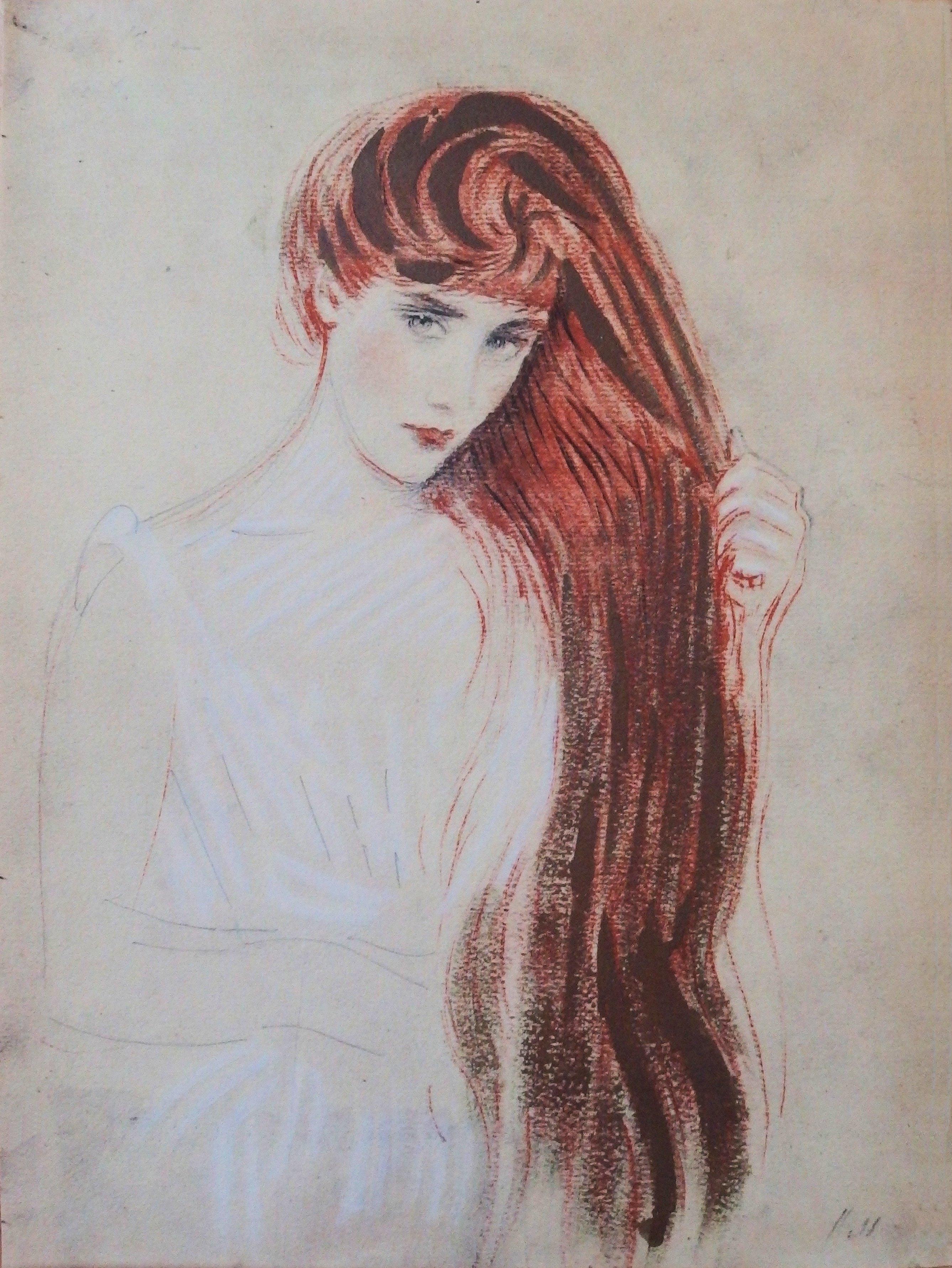 Paul César Helleu Portrait Print – Schüchterne rothaarige Frau - Lithographie