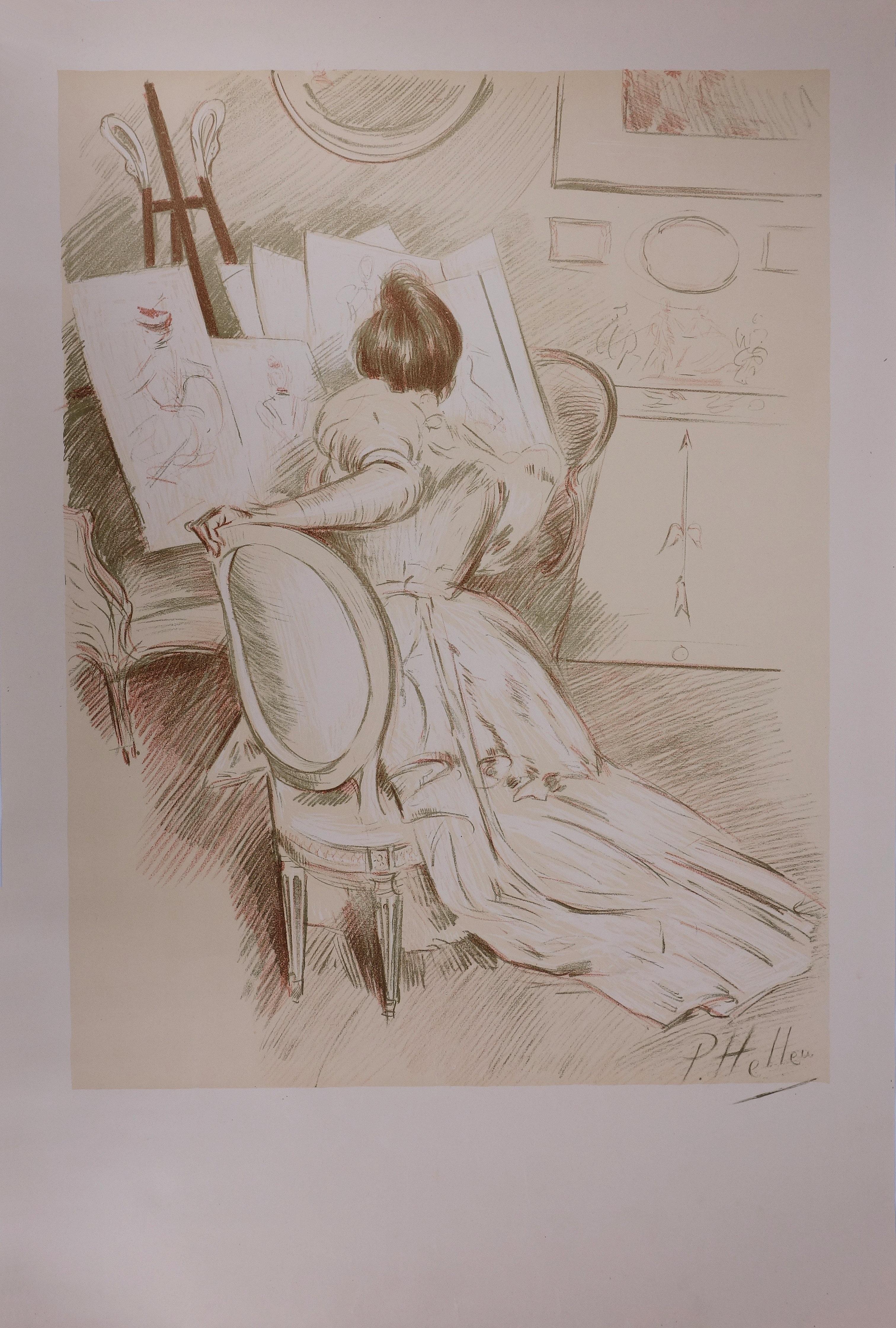 Paul César Helleu Interior Print - Woman painting - Original stone lithograph - 1901