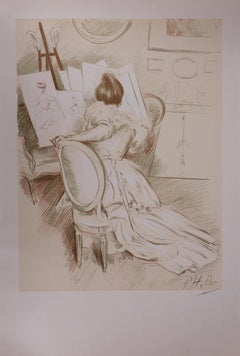 Woman painting - Original stone lithograph - 1901