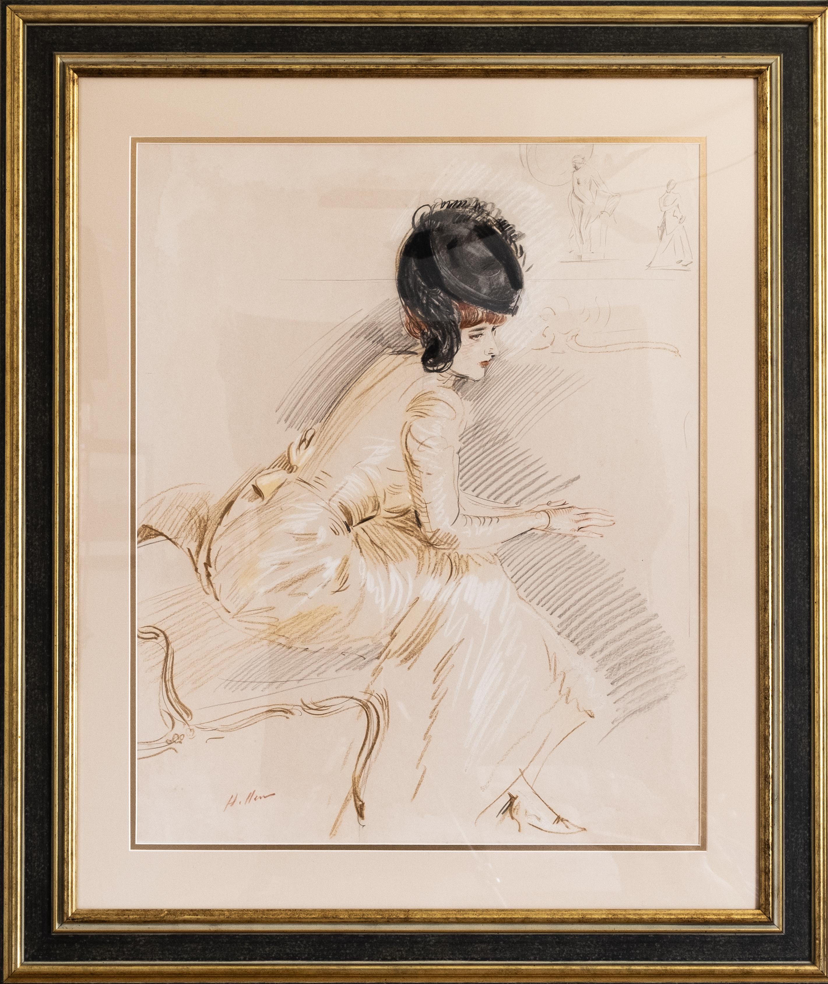 Paul Cesar Helleu (French, 1859-1927).  'Une Elegante'.  Crayon, pencil & ink  on paper. Signed lower left. Paul Cesar Helleu was known for his stylized art nouveau and art deco portraits and scenes of society women. He received many commissions