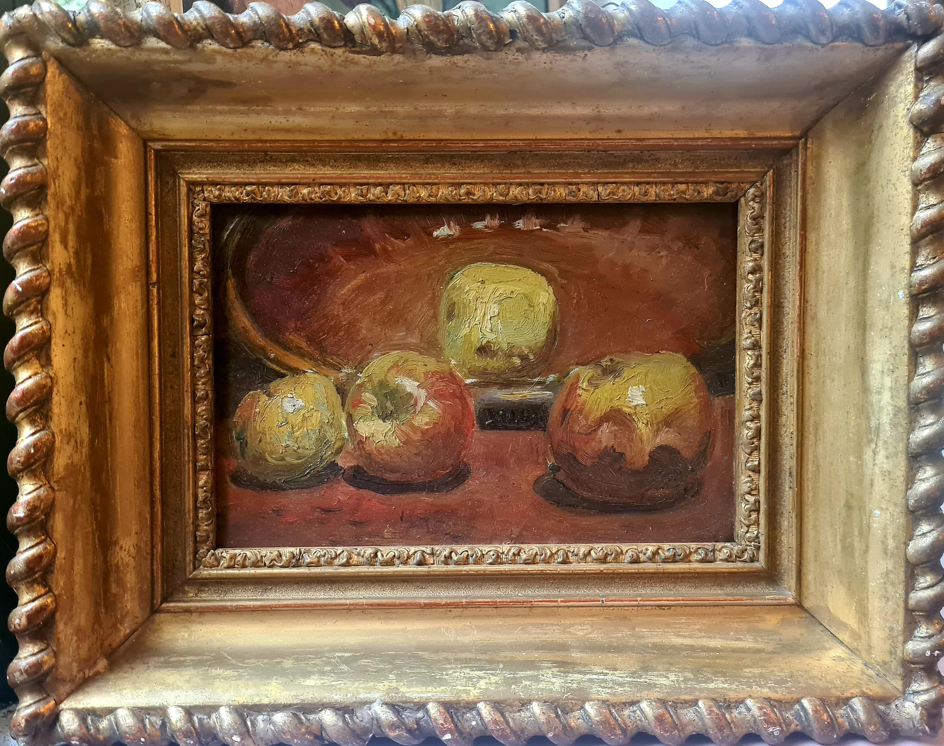Óleo sobre tabla impresionista francés del siglo XIX, Naturaleza muerta con manzanas - Painting de Paul Cézanne