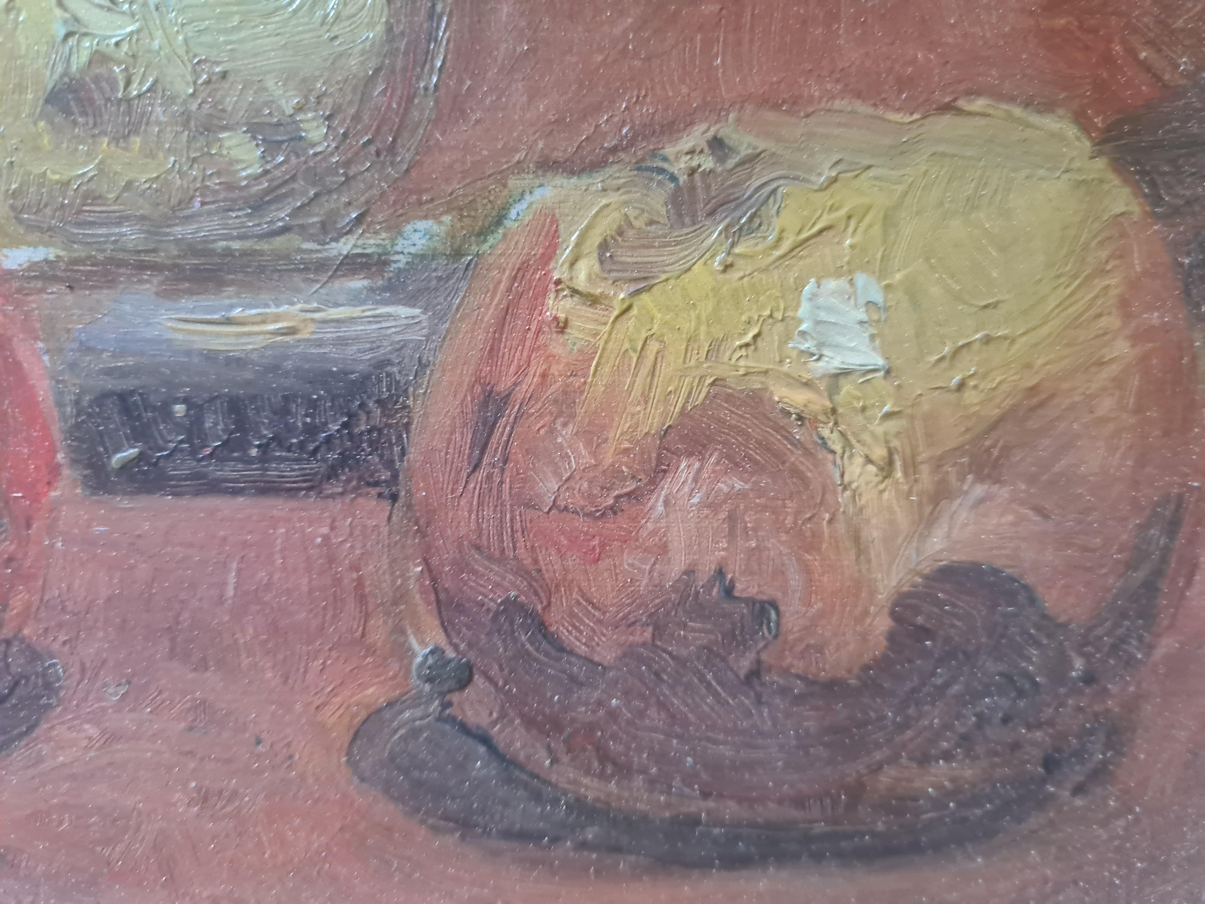 Óleo sobre tabla impresionista francés del siglo XIX, Naturaleza muerta con manzanas - Interior Painting Marrón de Paul Cézanne