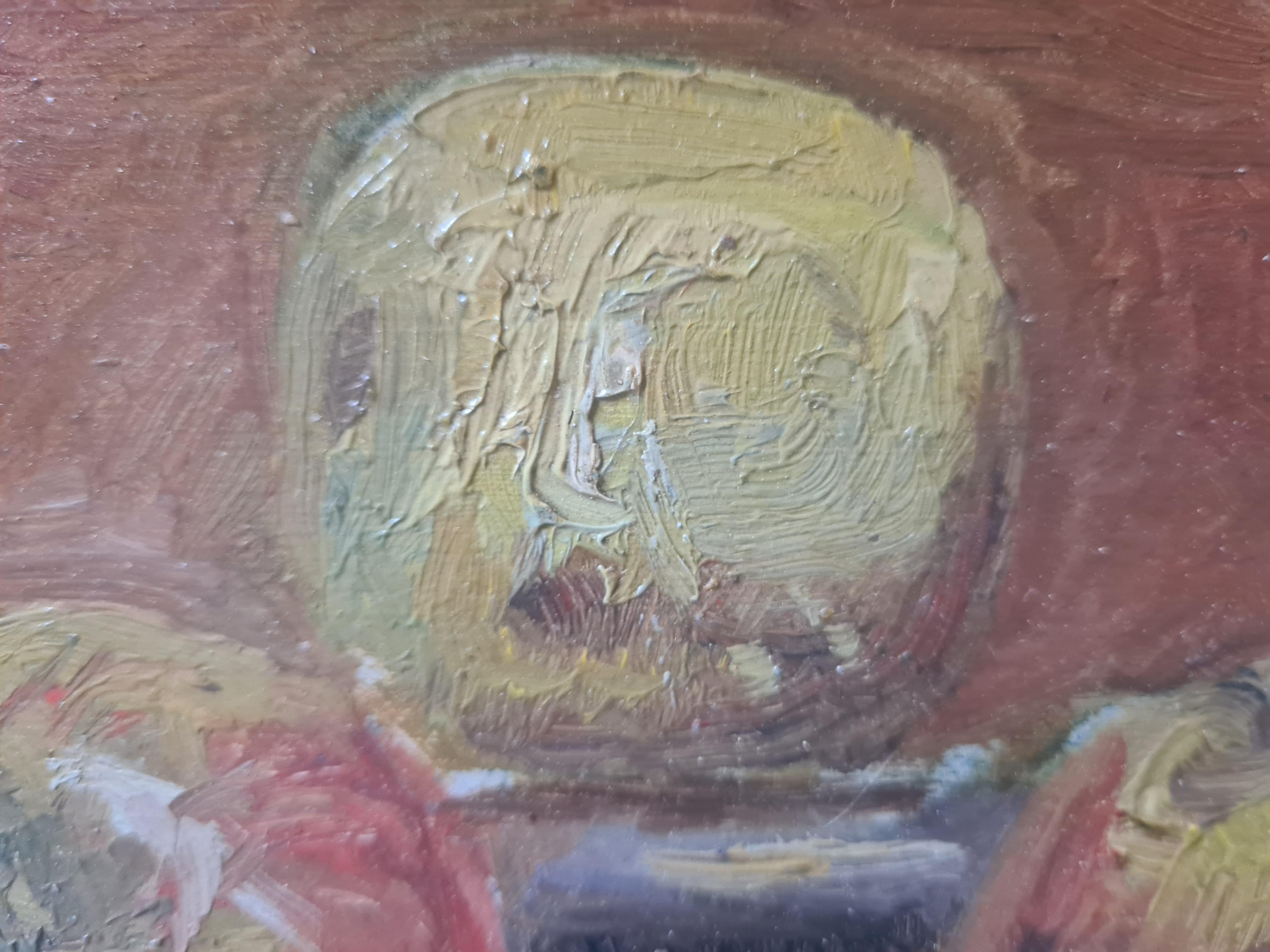 Óleo sobre tabla francés de finales del siglo XIX, bodegón de manzanas y un plato. Presentado en un marco muy fino de madera dorada y yeso tallado.

Procedencia: De una colección privada, Niza, sur de Francia.

Un encantador bodegón de manzanas