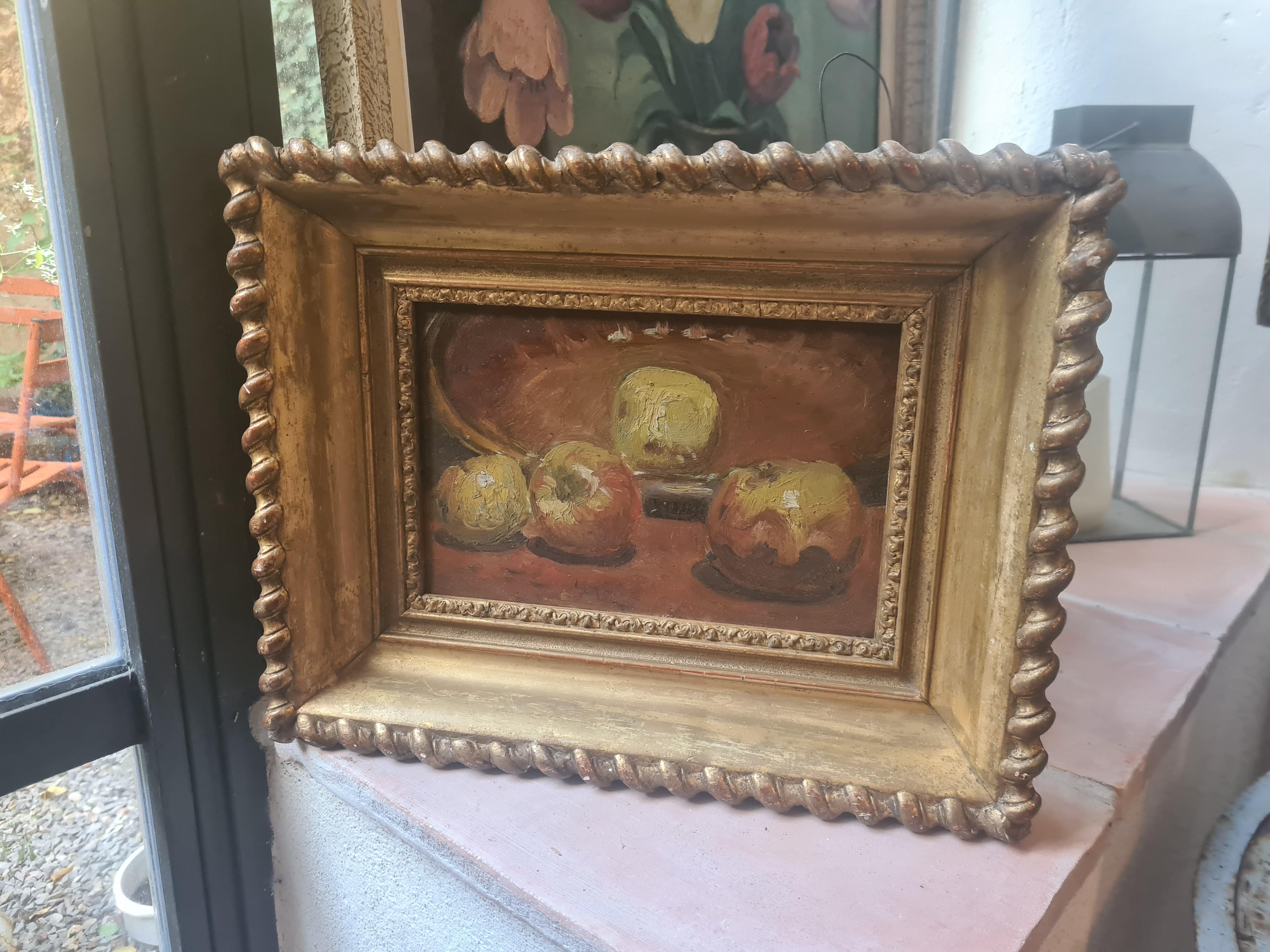 Óleo sobre tabla impresionista francés del siglo XIX, Naturaleza muerta con manzanas 3