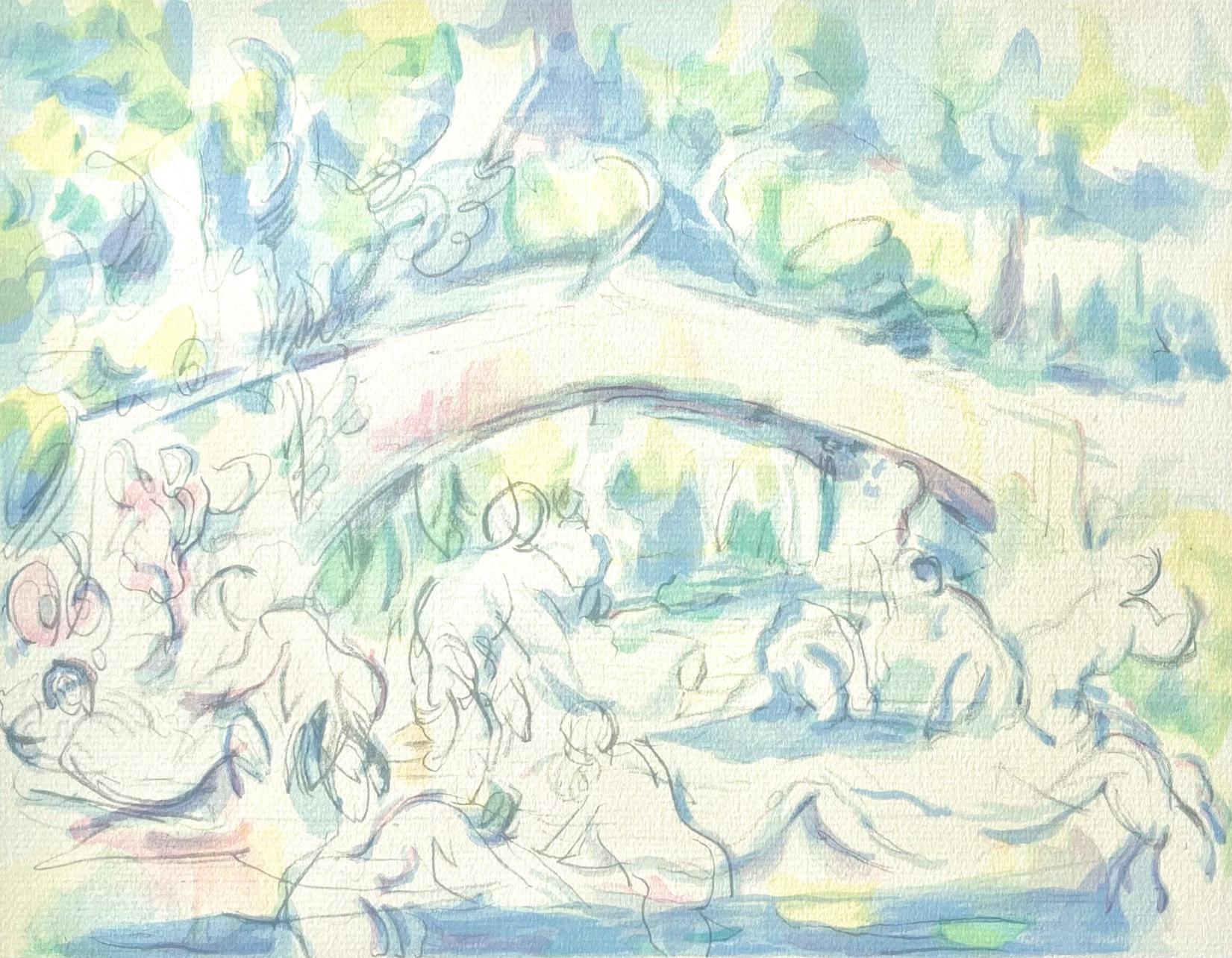Paul Cézanne Landscape Print – Cézanne, Badende unter einer Brücke, Cézanne: Zehn Aquarelle (nach)