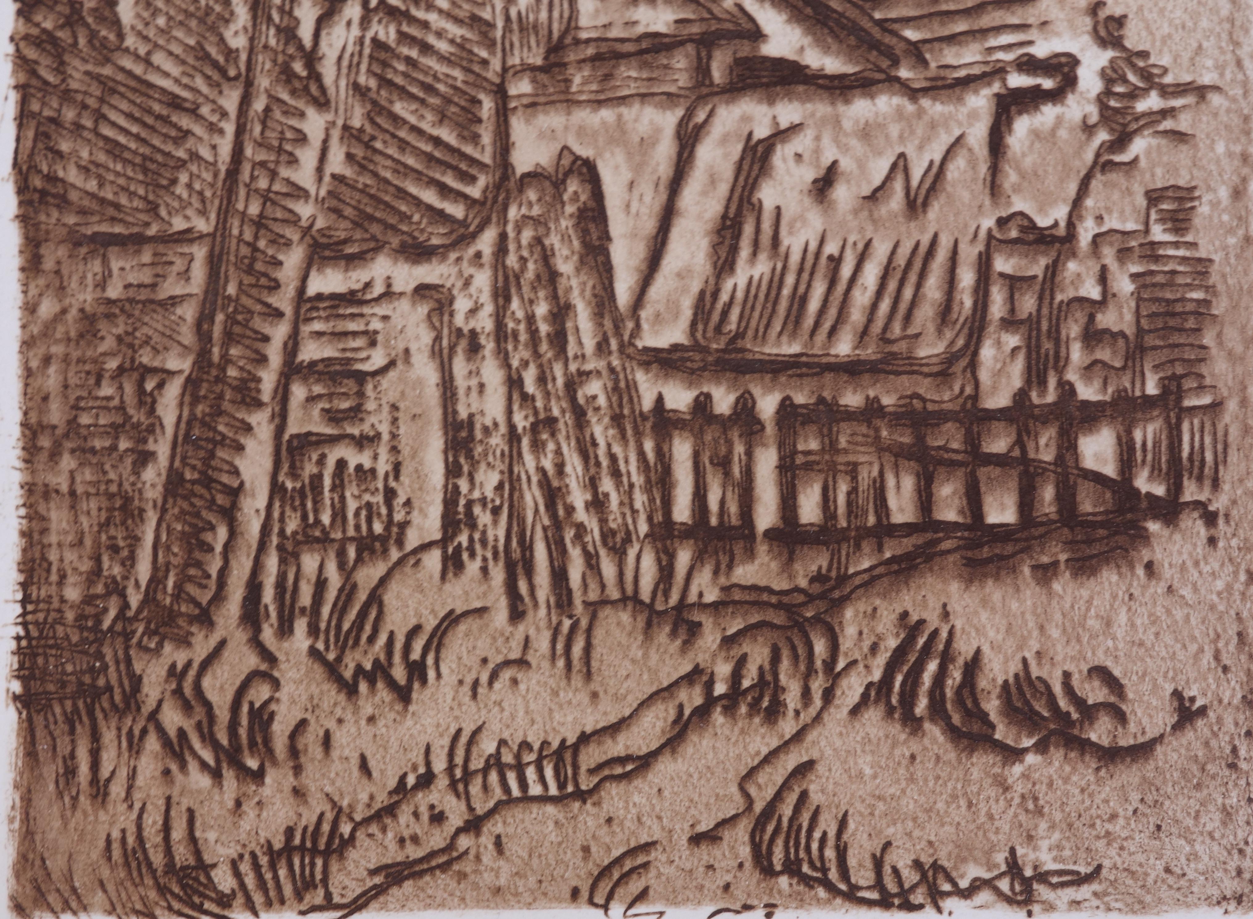 Landscape in Auvers,  The Farm - Original drypoint  - Brown Landscape Print by Paul Cézanne