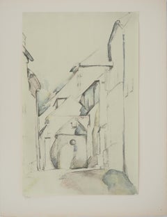 Vintage Small Village in France, near the Church - Lithograph, 1971
