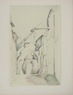 Pequeño pueblo de Francia, cerca de la iglesia - Litografía, 1971