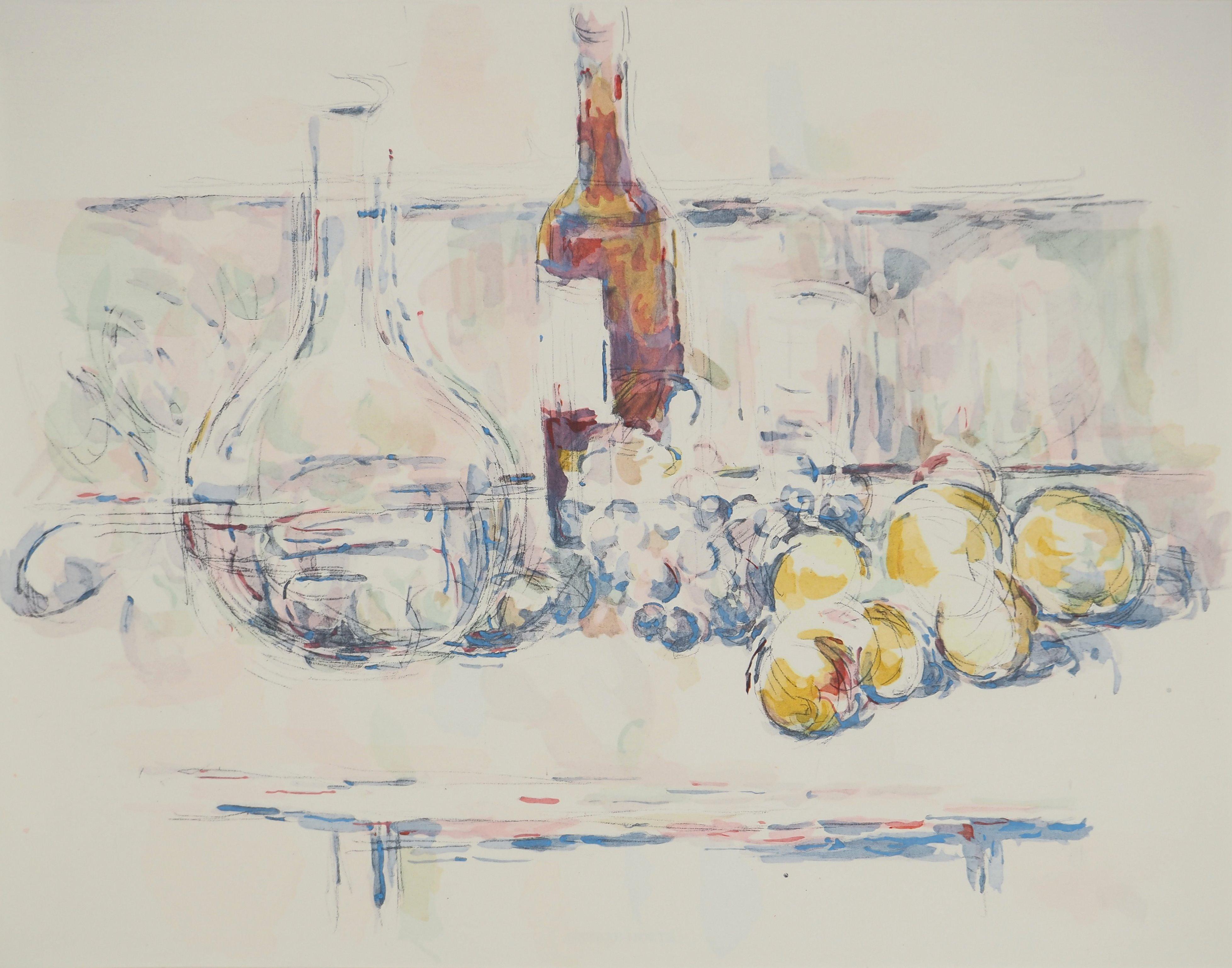 Nature morte, fruits et vin - Lithographie, 1971 - Print de Paul Cézanne