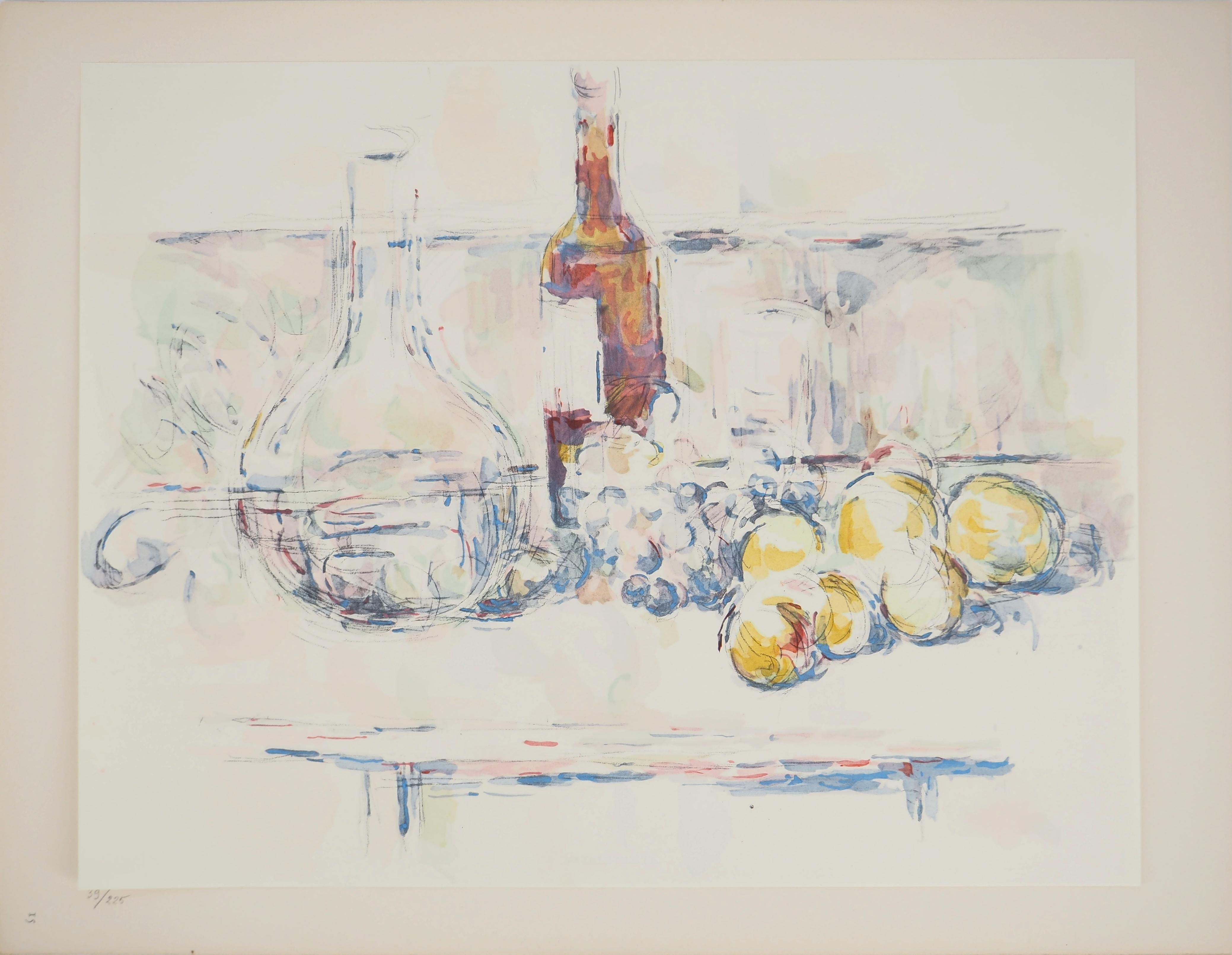 Naturaleza muerta, Frutas y vino - Litografía, 1971