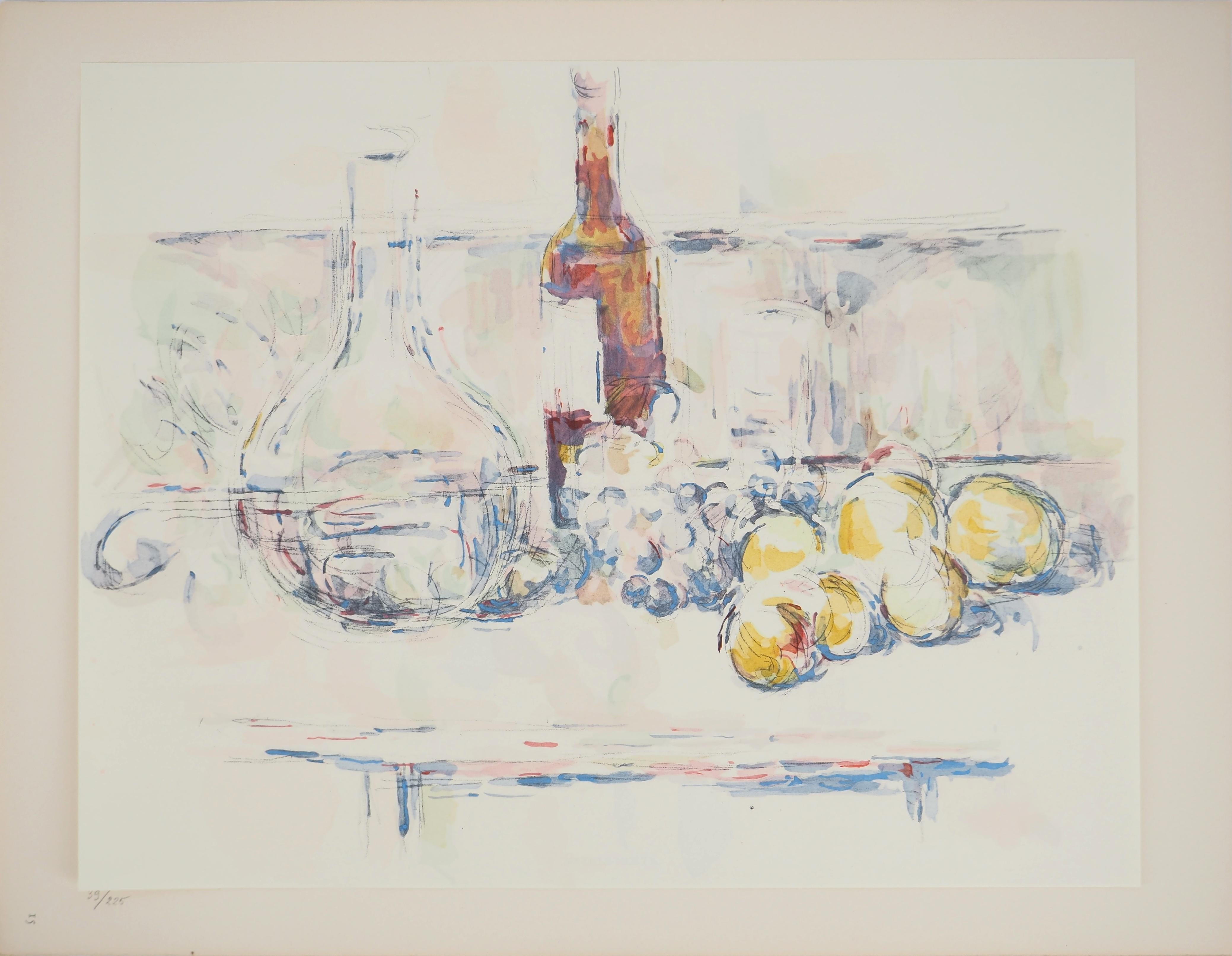 Nature morte, fruits et vin - Lithographie, 1971