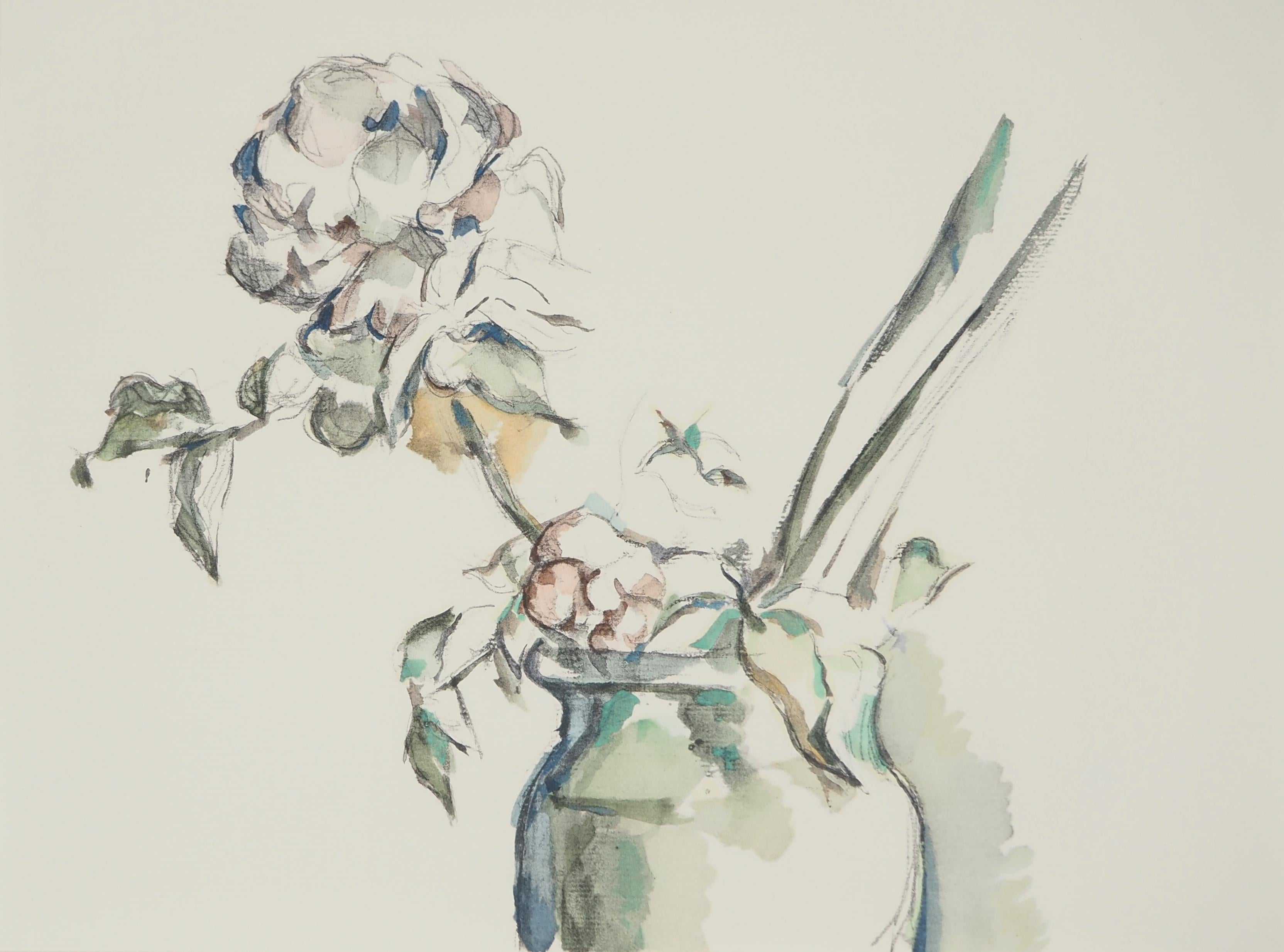 Naturaleza muerta, Rosas pálidas en un jarrón - Litografía, 1971