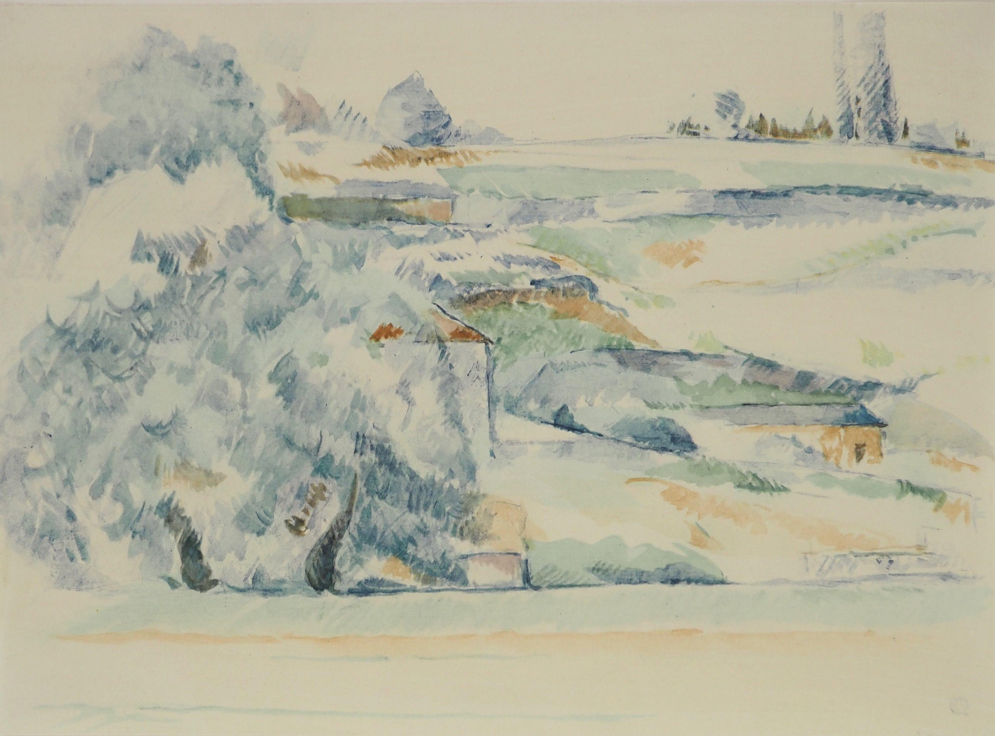 Landscape Print Paul Cézanne - Trees and houses - Lithographie, 1971