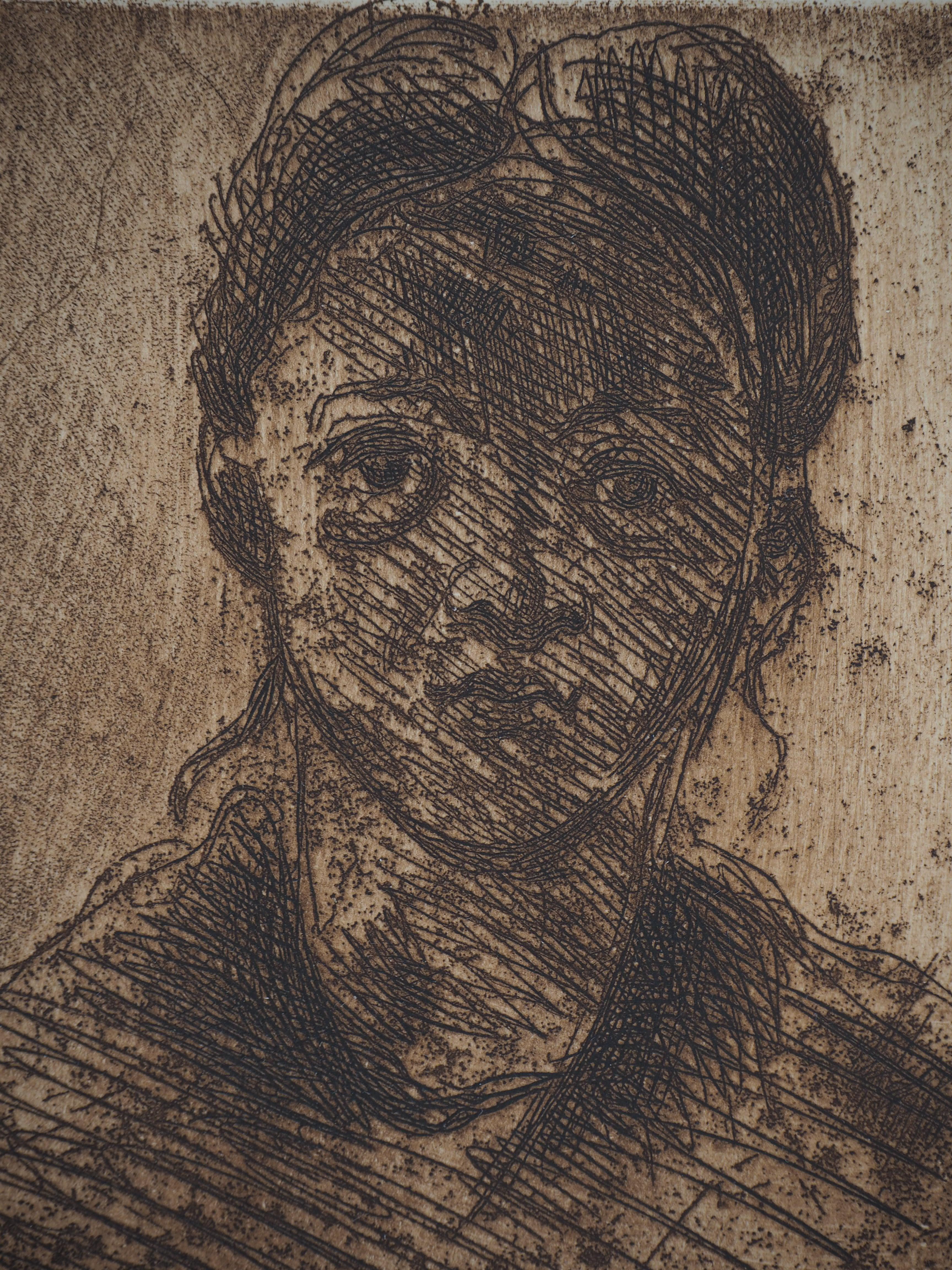 Junges Mädchen – Original-Radierung, signiert (1873) (Beige), Portrait Print, von Paul Cézanne