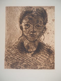 Antique Young girl - Original etching, Signed (1873)