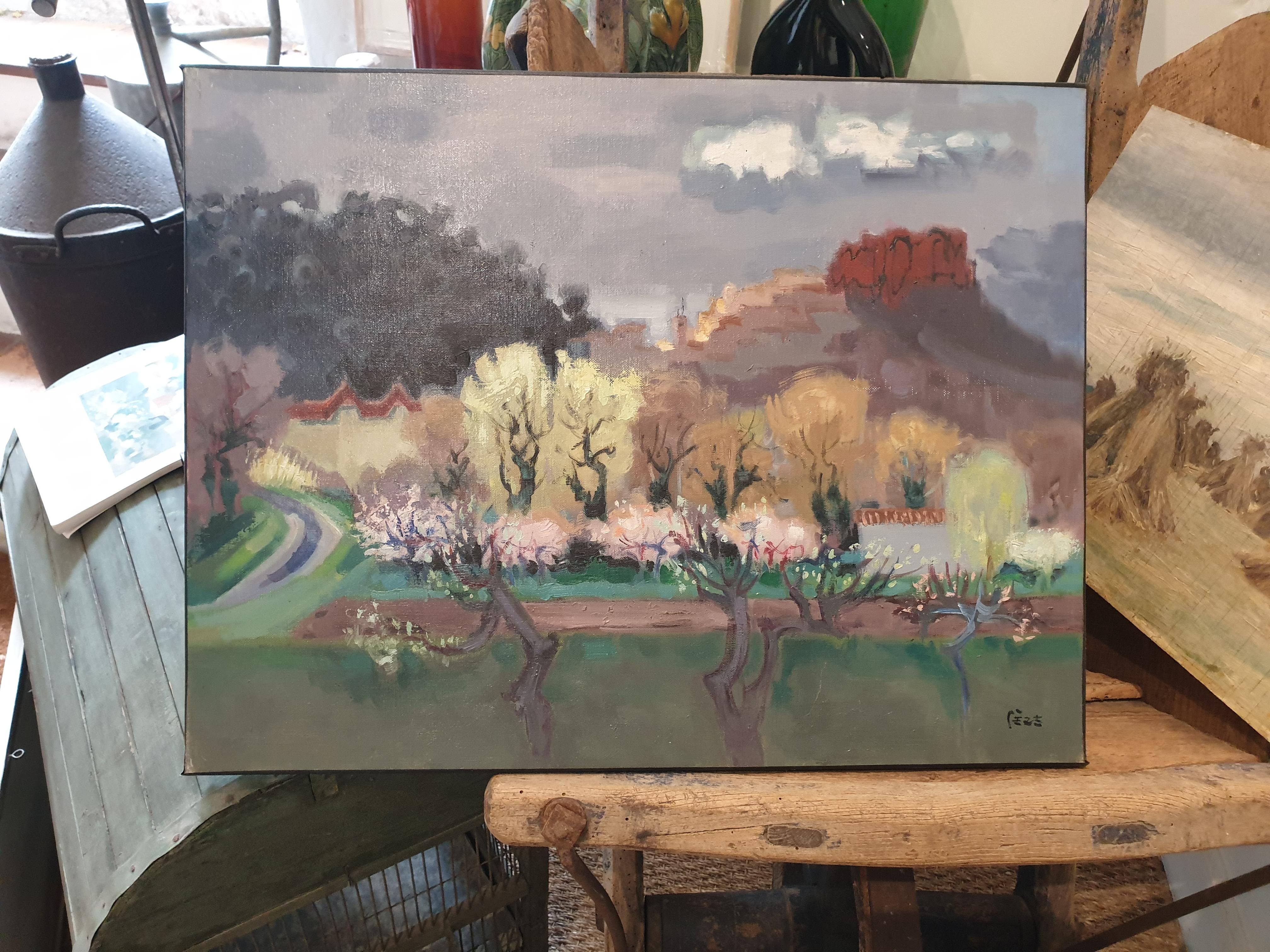 Huile sur toile du milieu du siècle dernier, Avril vers Pierrefeu, Vue de Pierrefeu en avril. 5