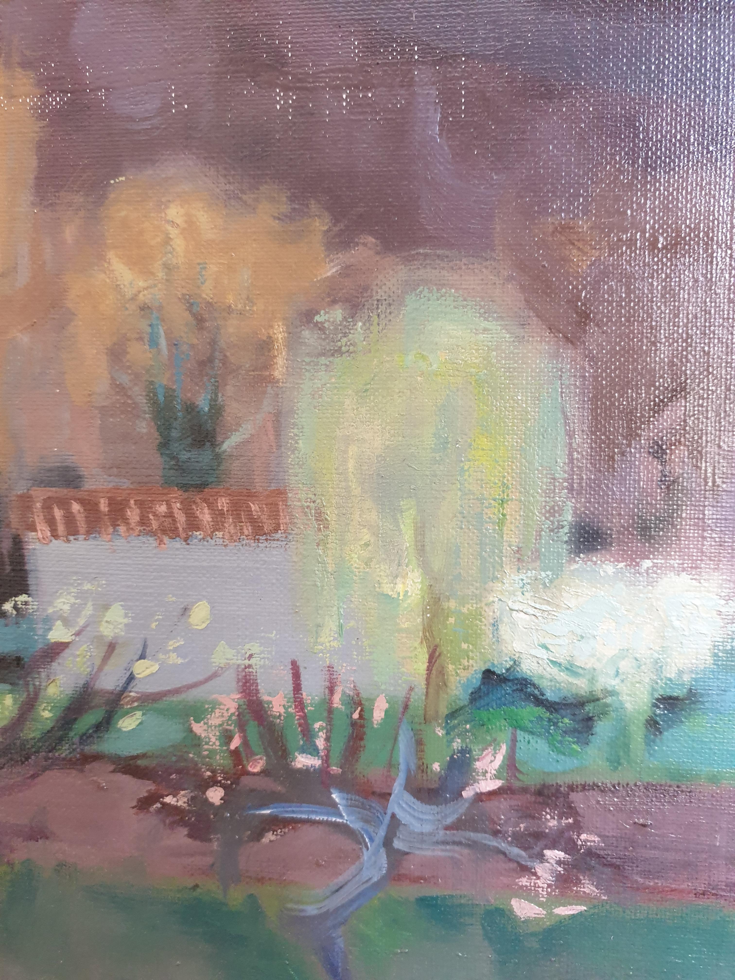 Huile sur toile du milieu du siècle dernier, Avril vers Pierrefeu, Vue de Pierrefeu en avril. - Gris Landscape Painting par Paul Cèze 