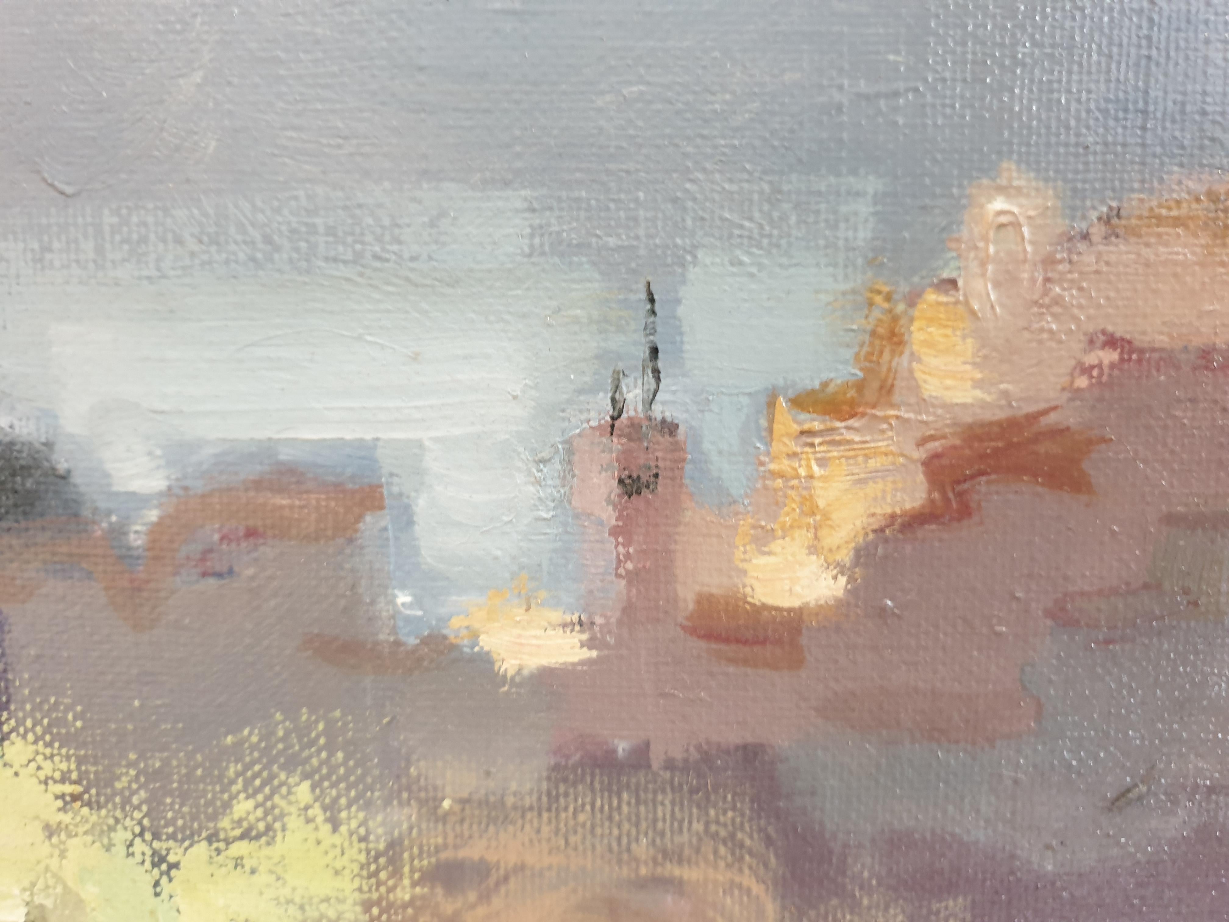 Huile sur toile du milieu du siècle dernier, Avril vers Pierrefeu, Vue de Pierrefeu en avril. 1