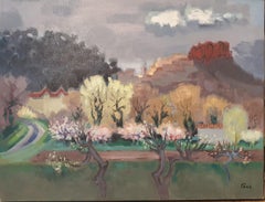 Huile sur toile du milieu du siècle dernier, Avril vers Pierrefeu, Vue de Pierrefeu en avril.