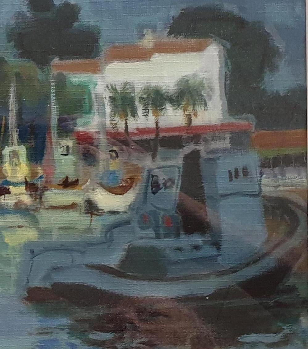 Mid-century Oil on canvas 'Port Pothuau au Remorqueur' Tug Boat at Port Pothuau. - Gray Landscape Painting by Paul Cèze