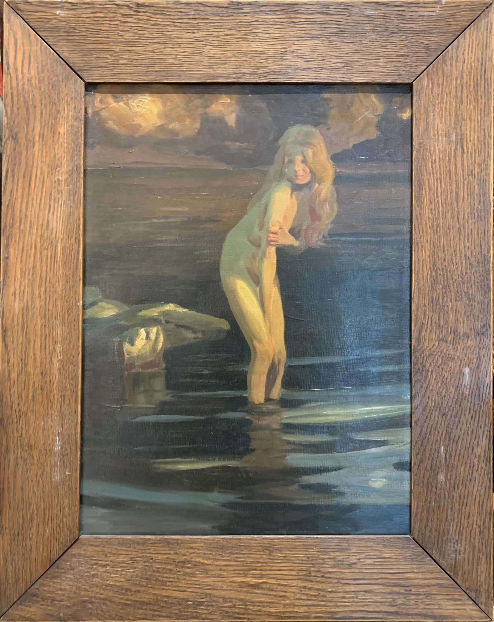 Anhängerin von Paul Chabas (1869-1937).
Die Dämmerung / Bather.
Gemälde, das ein junges Mädchen darstellt, das sich bescheiden bedeckt, indem es ins Wasser geht.
Technik: Öl auf Leinwand.
Das Gemälde stammt aus Schweden: Auf der Rückseite der
