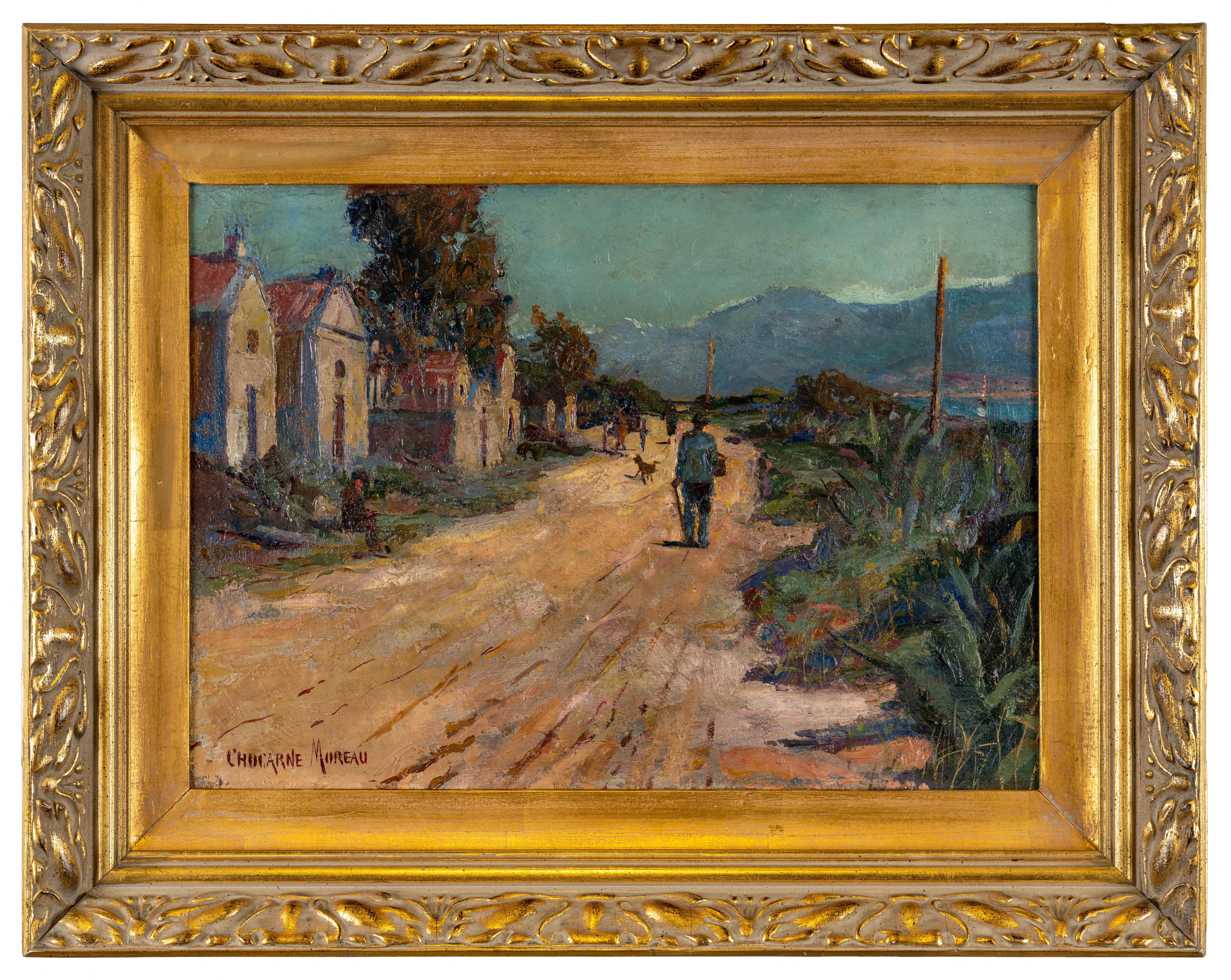 Paul Charles Chocarne-Moreau Figurative Painting - Man Walking with His Dog