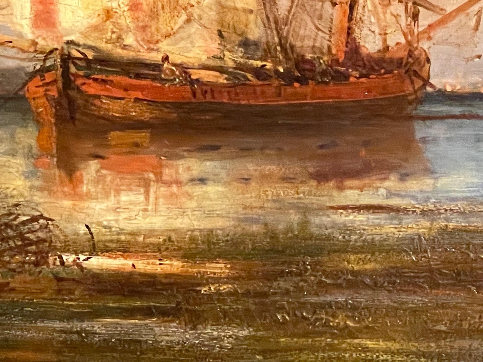 Französisches Ölgemälde auf Leinwand aus dem 19. Jahrhundert von Paul Charles Emmanuel Gallard-Lepinay (1842-1885), das Schiffe an der venezianischen Küste zeigt.  Gallard-Lepinay ist bekannt für seine maritimen Werke, vor allem in Venedig, aber