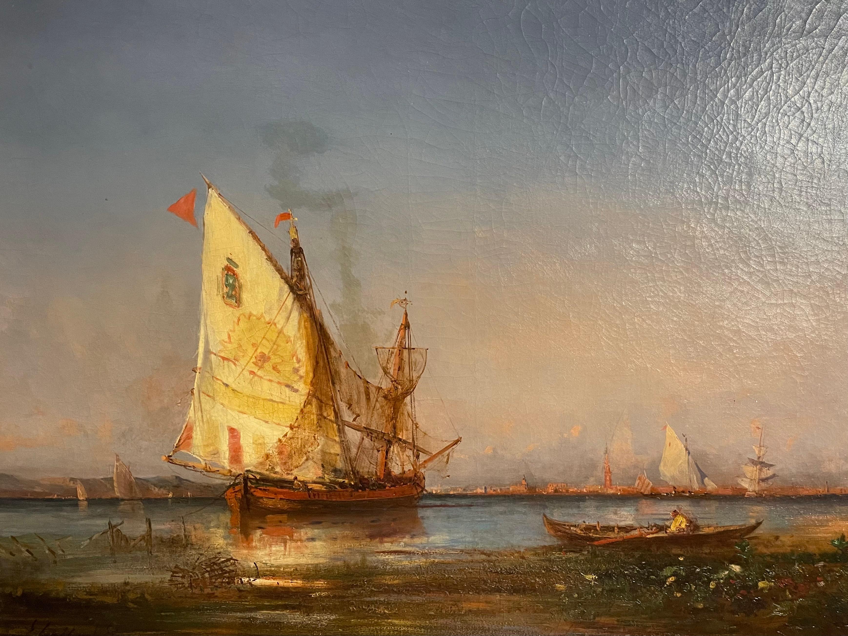 French 19th century oil on canvas painting by Paul Charles Emmanuel Gallard-Lepinay (1842-1885), is of ships on the Venetian coast.  Gallard-Lepinay is renowned for his maritime work, most notably Venice but also the French coast of Marseilles and