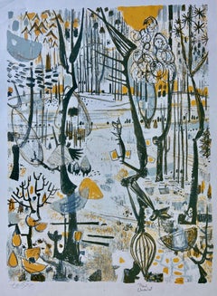 Vintage Whimsically rendered forest scene, original lithograph